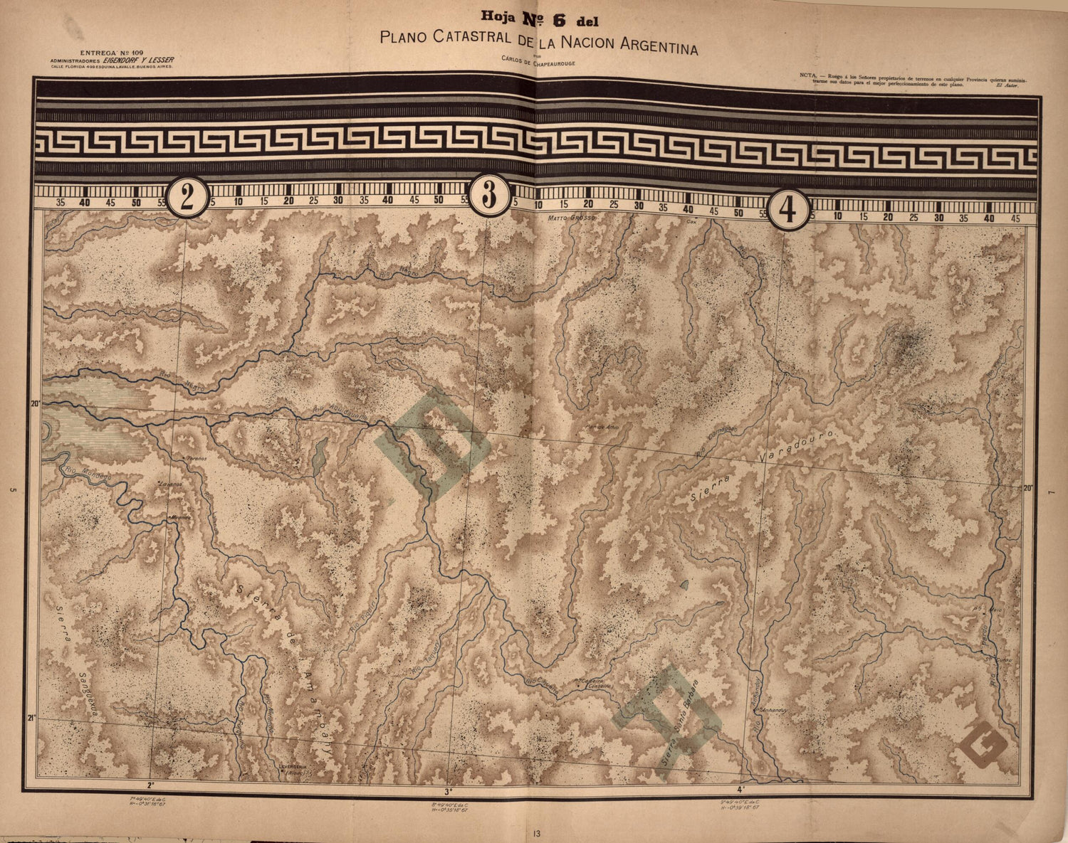 This old map of Plano Catastral De La Nacion Hoja No. 6 from República Argentina from 1905 was created by Carlos De Chapeaurouge in 1905