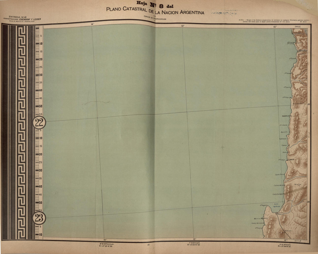 This old map of Plano Catastral De La Nacion Hoja No. 8 from República Argentina from 1905 was created by Carlos De Chapeaurouge in 1905