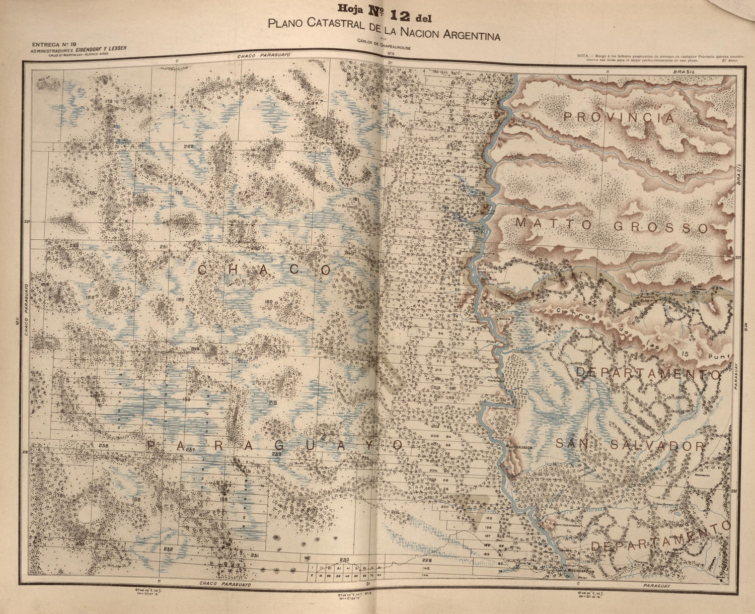 This old map of Plano Catastral De La Nacion Hoja No. 12 from República Argentina from 1905 was created by Carlos De Chapeaurouge in 1905