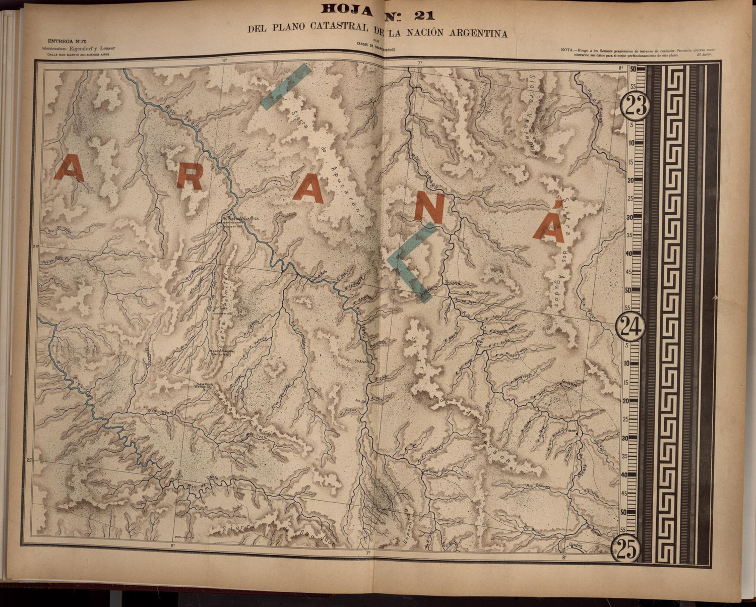 This old map of Plano Catastral De La Nacion Hoja No. 21 from República Argentina from 1905 was created by Carlos De Chapeaurouge in 1905