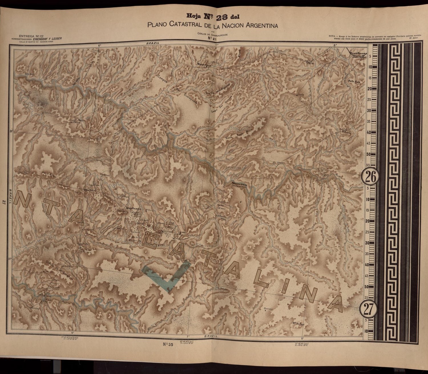 This old map of Plano Catastral De La Nacion Hoja No. 28 from República Argentina from 1905 was created by Carlos De Chapeaurouge in 1905