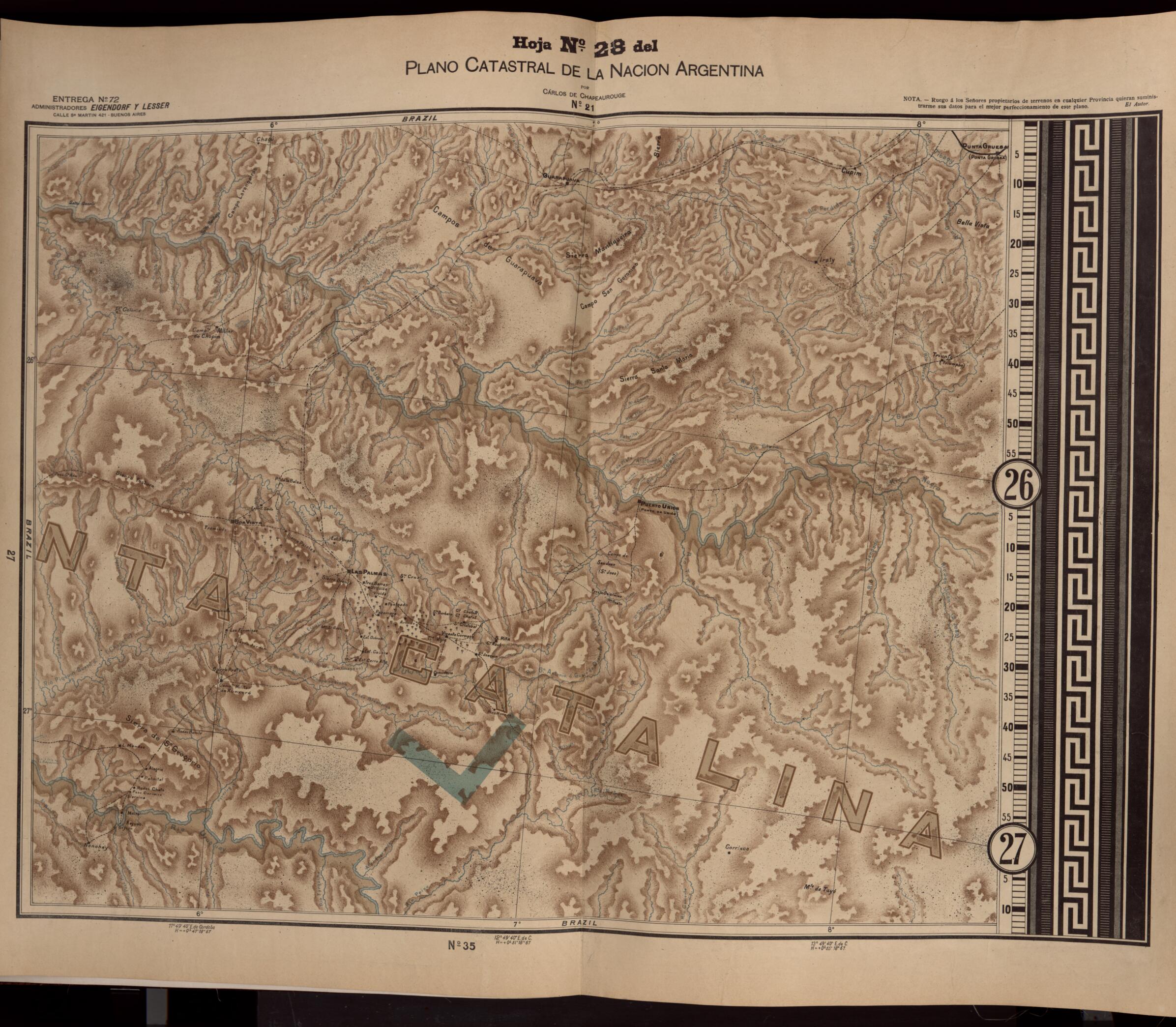 This old map of Plano Catastral De La Nacion Hoja No. 28 from República Argentina from 1905 was created by Carlos De Chapeaurouge in 1905