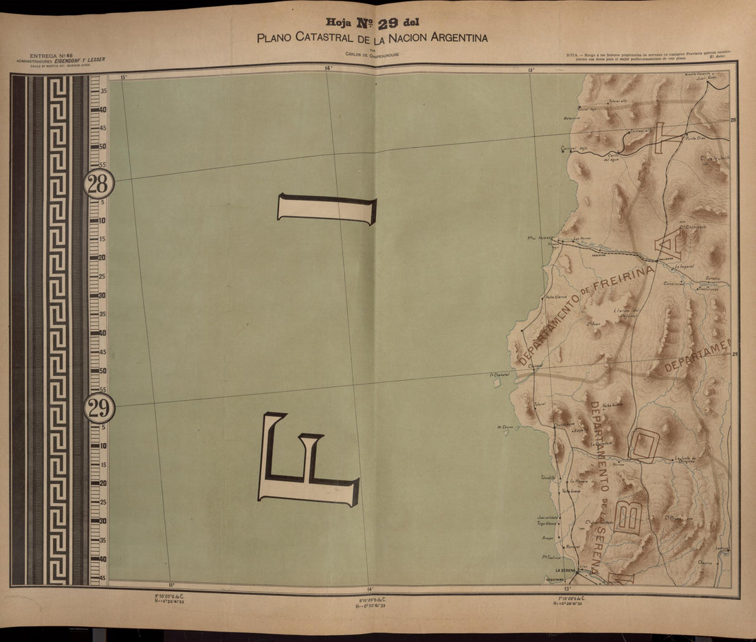 This old map of Plano Catastral De La Nacion Hoja No. 29 from República Argentina from 1905 was created by Carlos De Chapeaurouge in 1905
