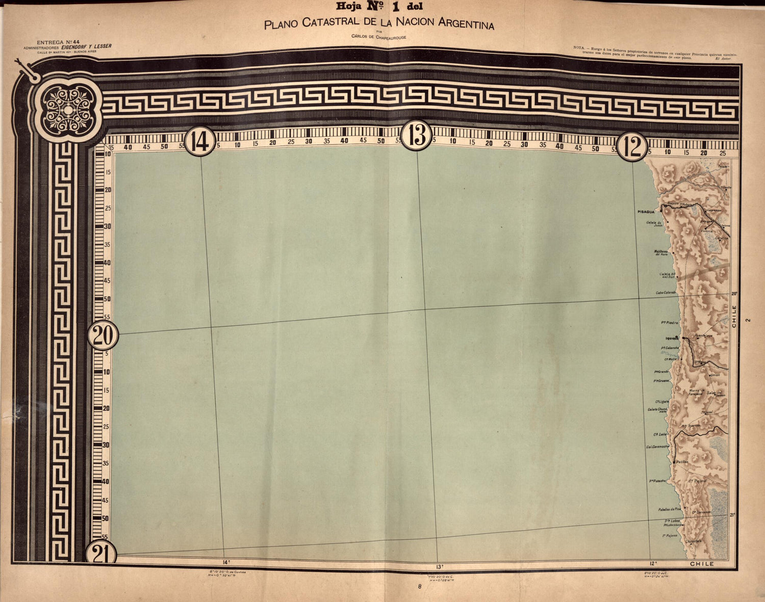 This old map of Plano Catastral De La Nacion Hoja No. 1 from República Argentina from 1905 was created by Carlos De Chapeaurouge in 1905