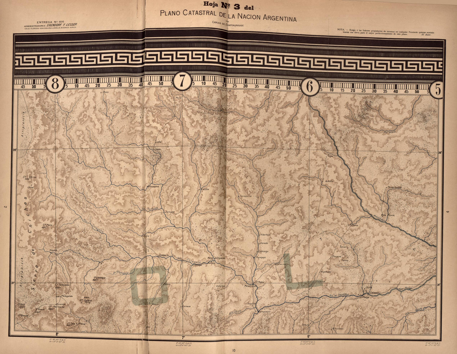 This old map of Plano Catastral De La Nacion Hoja No. 3 from República Argentina from 1905 was created by Carlos De Chapeaurouge in 1905