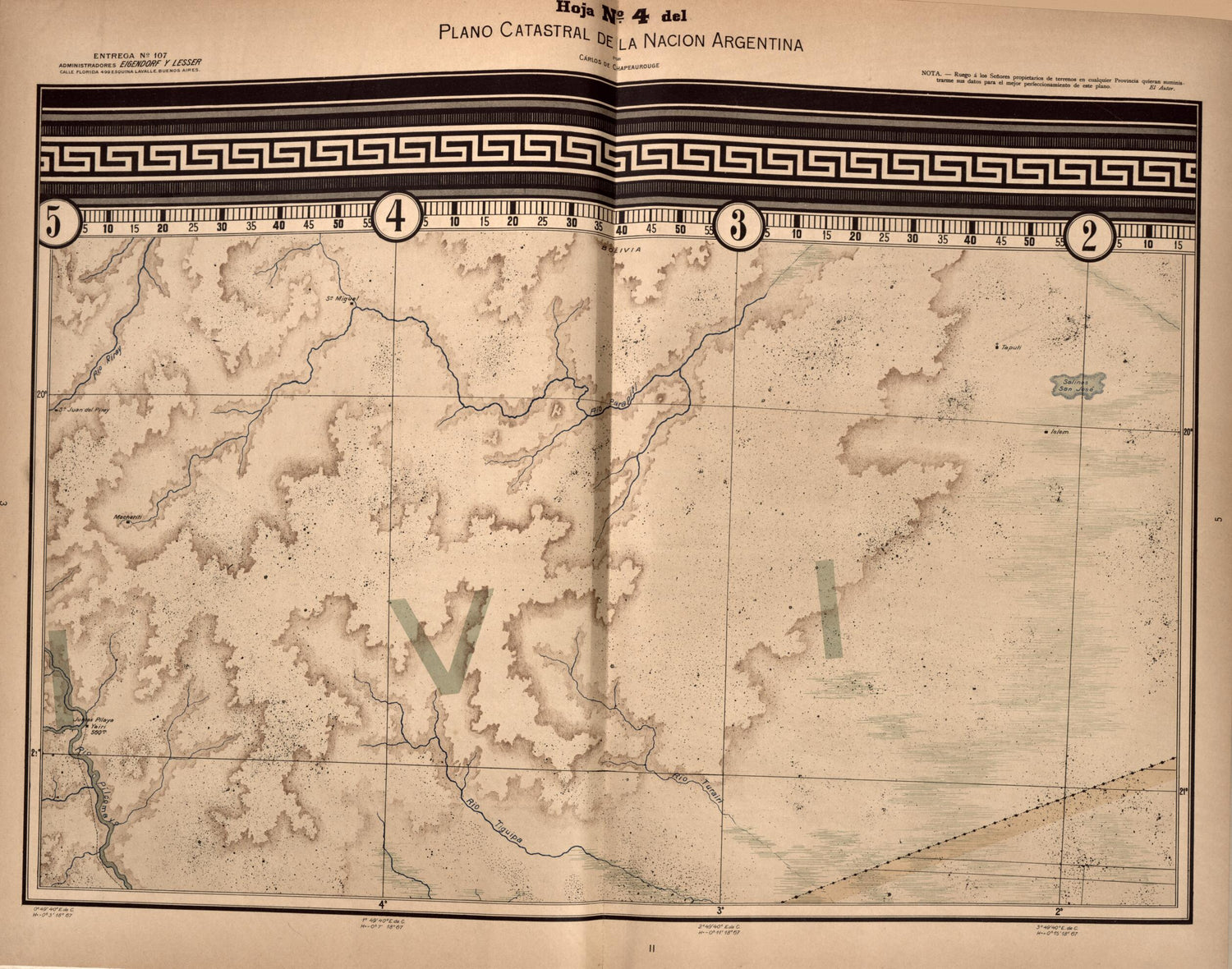 This old map of Plano Catastral De La Nacion Hoja No. 4 from República Argentina from 1905 was created by Carlos De Chapeaurouge in 1905