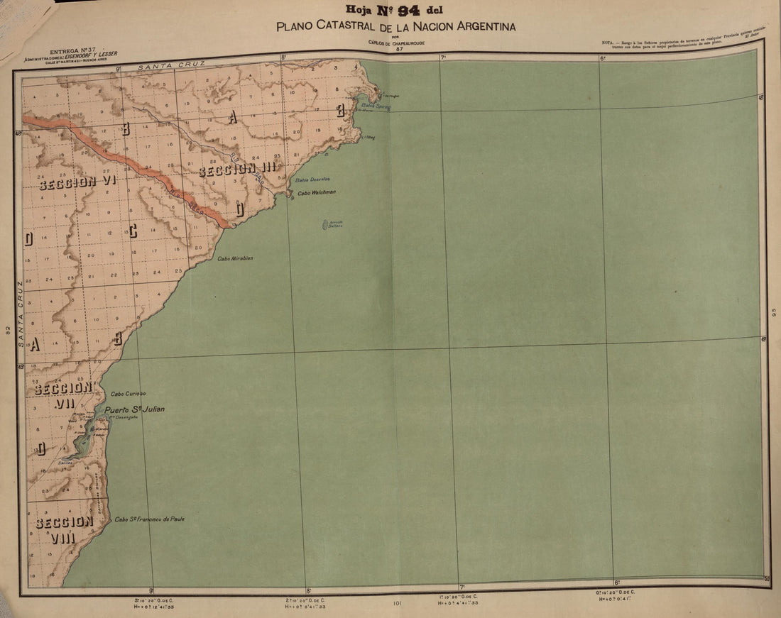 This old map of Plano Catastral De La Nacion Hoja No. 94 from República Argentina from 1905 was created by Carlos De Chapeaurouge in 1905