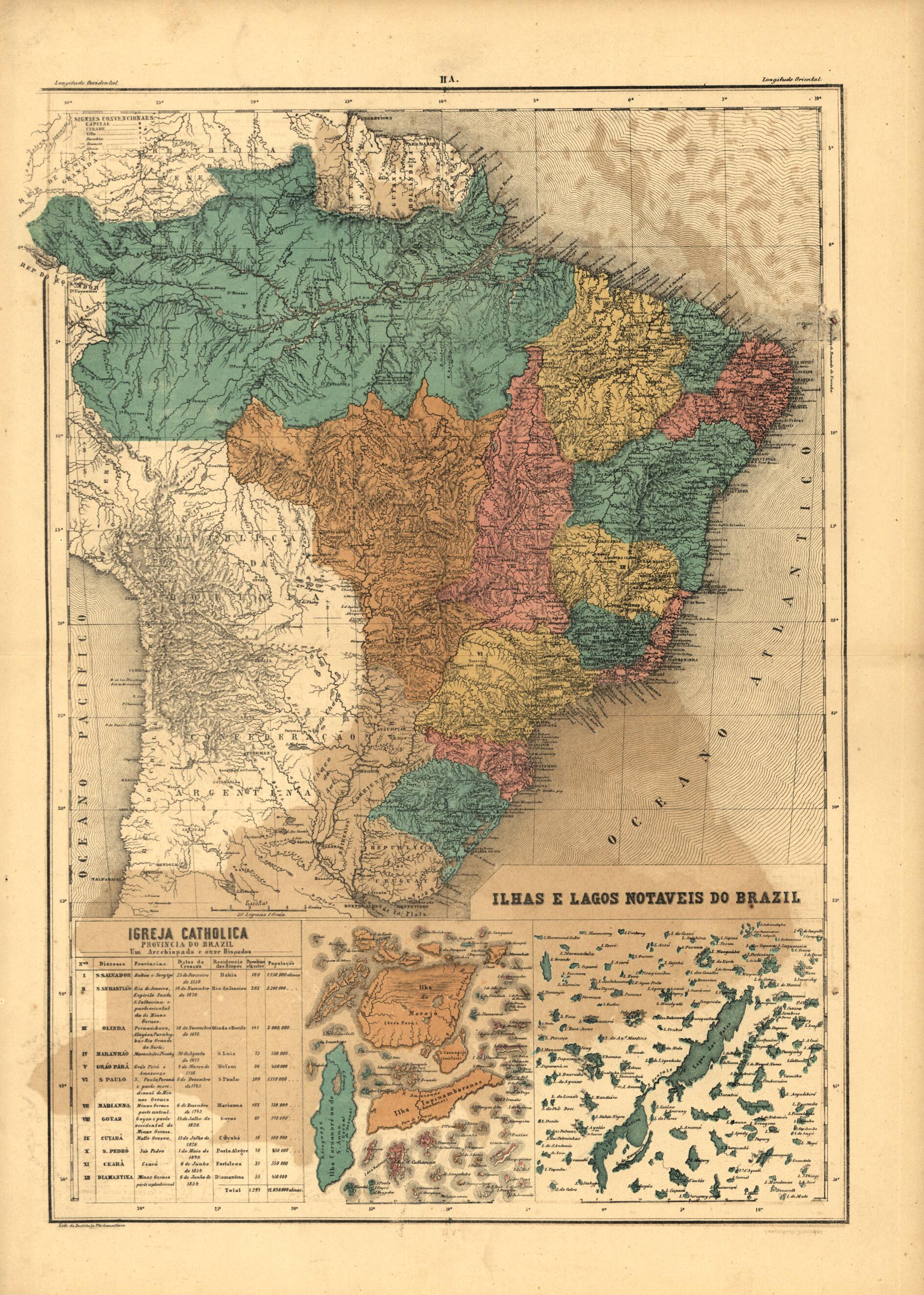 This old map of Ilhas E Lagos Notaveis Do Brazil from Atlas Do Imperio Do Brazil from 1868 was created by Cândido Mendes in 1868