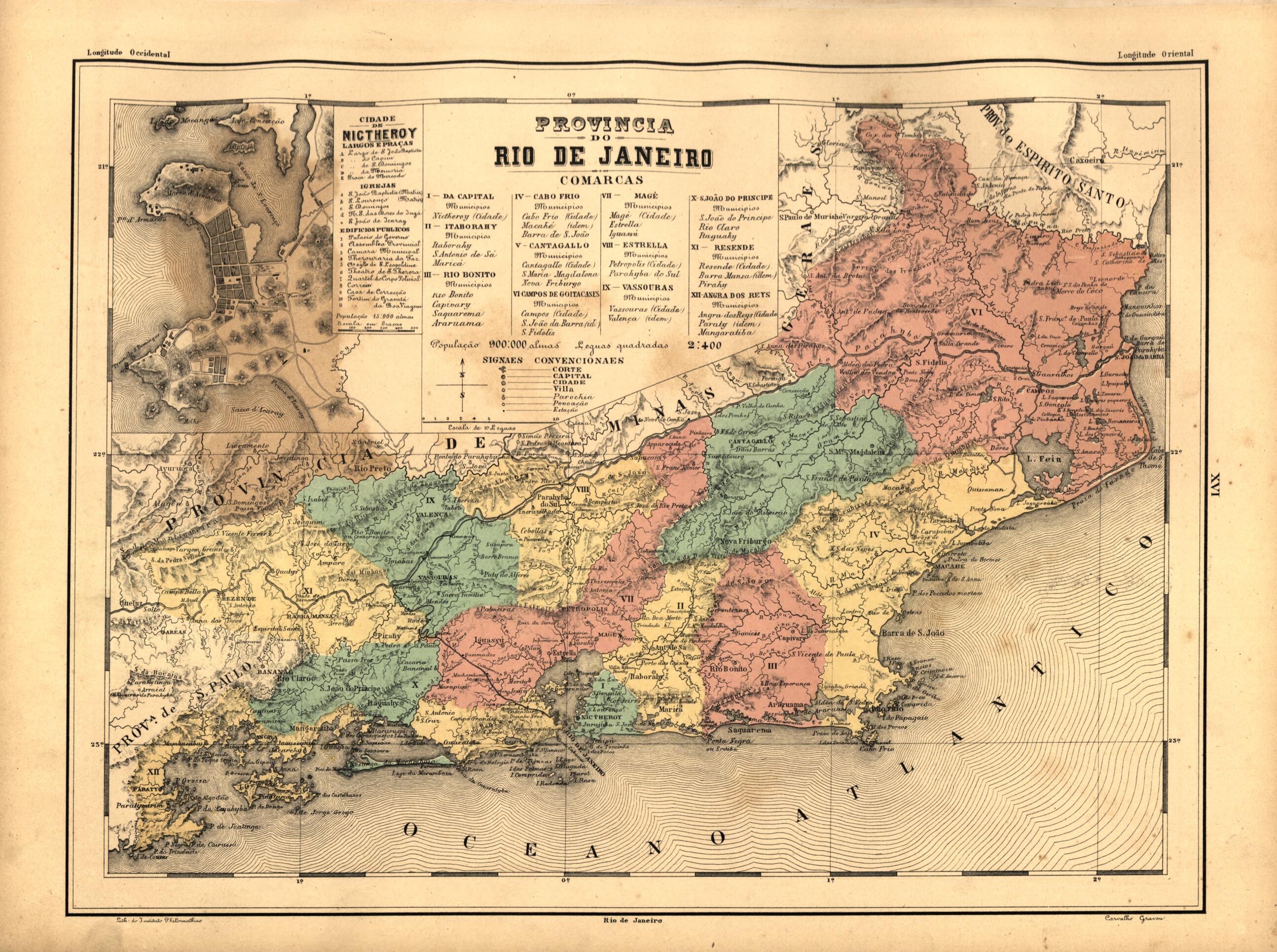 This old map of Provincia Do Rio De Janeiro from Atlas Do Imperio Do Brazil from 1868 was created by Cândido Mendes in 1868