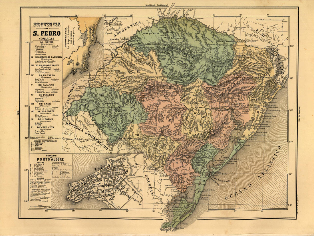 This old map of Provincia De S. Pedro from Atlas Do Imperio Do Brazil from 1868 was created by Cândido Mendes in 1868