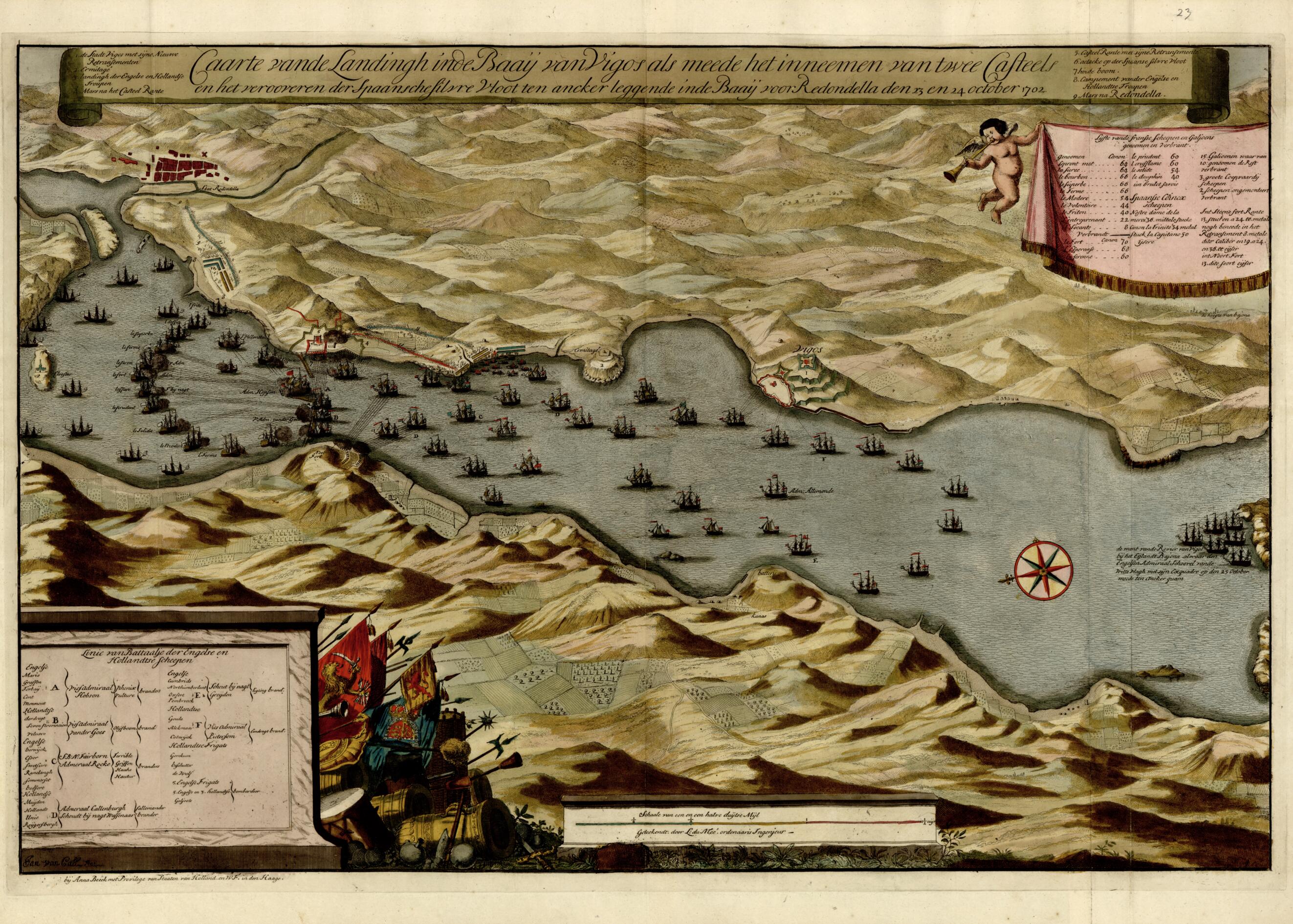 This old map of Caarte Vande Landingh Inde Baay Van Vigos Als Meede Het Inneemen Van Twee... from a Collection of Plans of Fortifications and Battles, 1684-from 1709 from 1709 was created by Anna Beeck in 1709