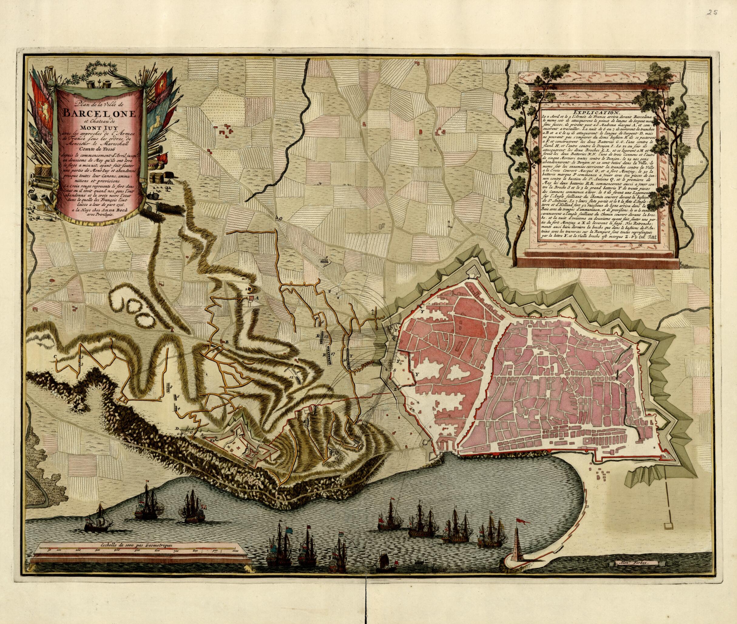 This old map of Plan De La Ville Barcelone Et Chateau De Mont Iuy a La Haye from a Collection of Plans of Fortifications and Battles, 1684-from 1709 from 1709 was created by Anna Beeck in 1709