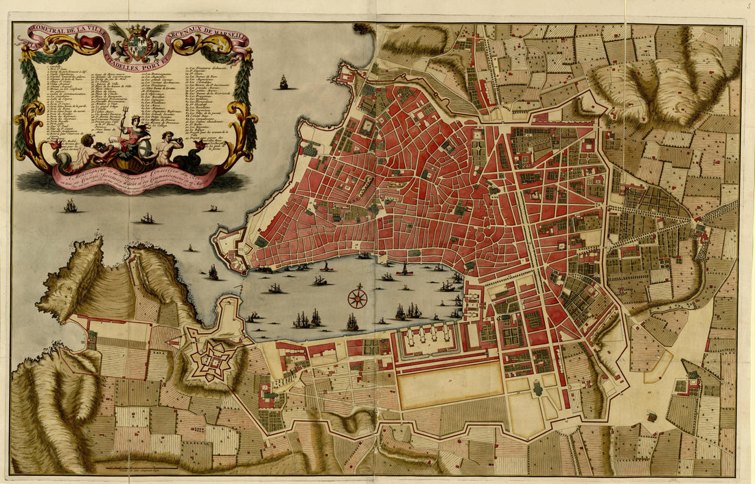 This old map of Plan Geometral De La Ville Citadelles, Port Et Arcenaux De Marseille from a Collection of Plans of Fortifications and Battles, 1684-from 1709 from 1709 was created by Anna Beeck in 1709