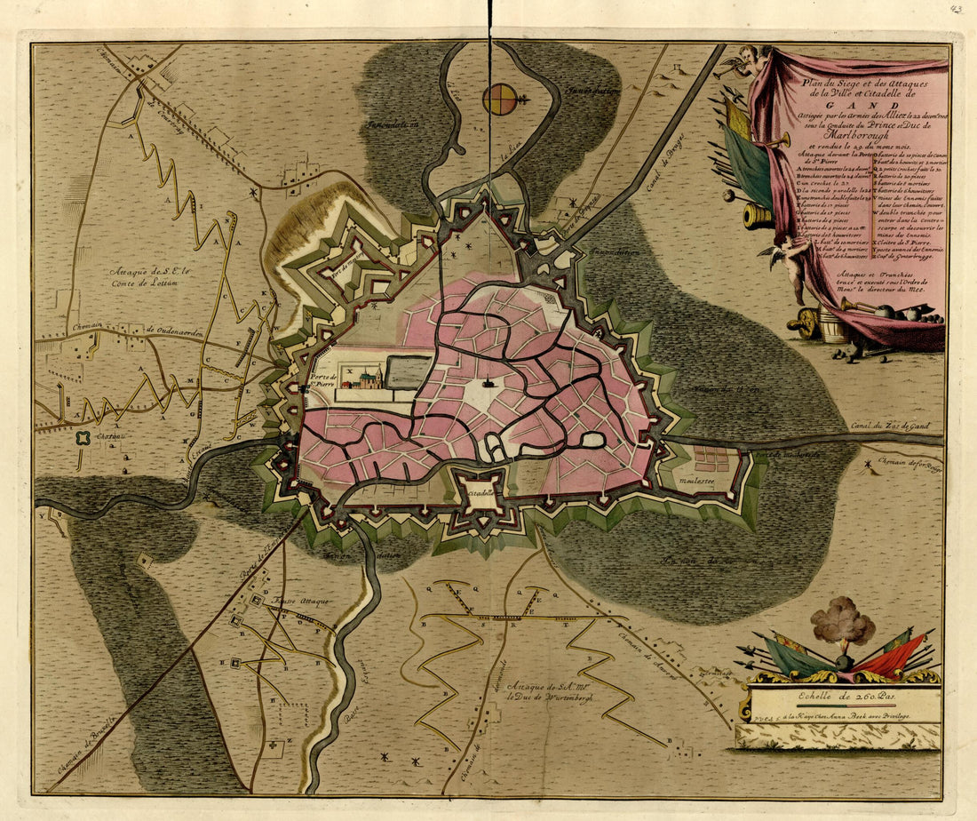 This old map of Plan Du Siege Et Des Attaques De La Ville Et Citadelle De Gand from a Collection of Plans of Fortifications and Battles, 1684-from 1709 from 1709 was created by Anna Beeck in 1709