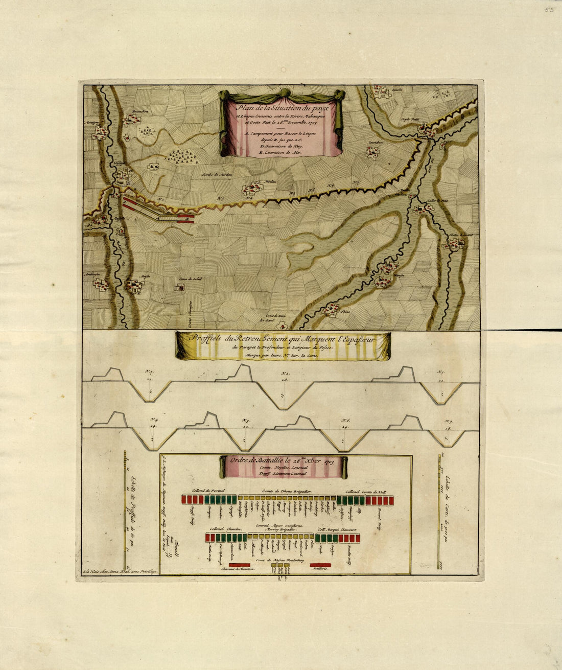 This old map of Plan De La Situation Du Payx Et Ligne Ennemis Entre La Riviere Mahangne from a Collection of Plans of Fortifications and Battles, 1684-from 1709 from 1709 was created by Anna Beeck in 1709