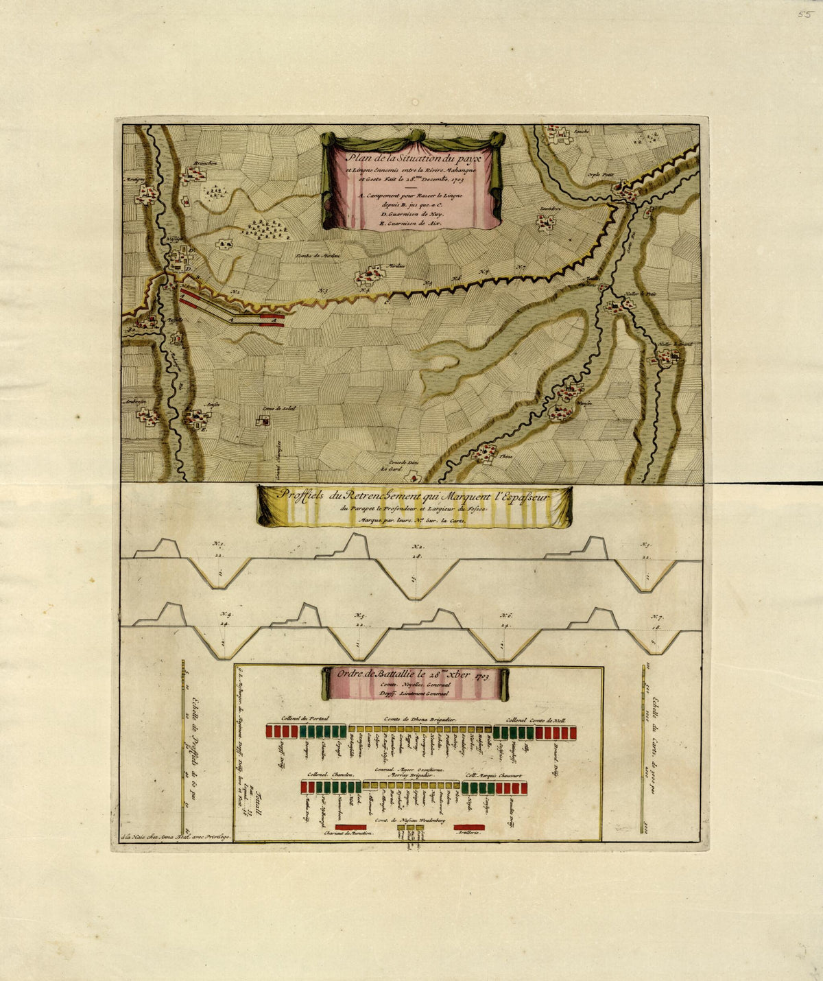 Plan De La Situation Du Payx Et Ligne Ennemis Entre La Riviere Mahangne from a Collection of Plans of Fortifications and Battles, 1684-1709 by Relic Map Company