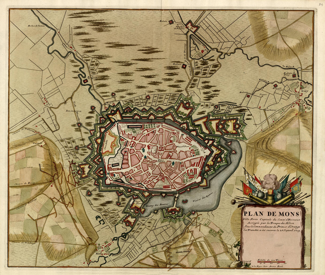 This old map of Plan De Mons from a Collection of Plans of Fortifications and Battles, 1684-from 1709 from 1709 was created by Anna Beeck in 1709