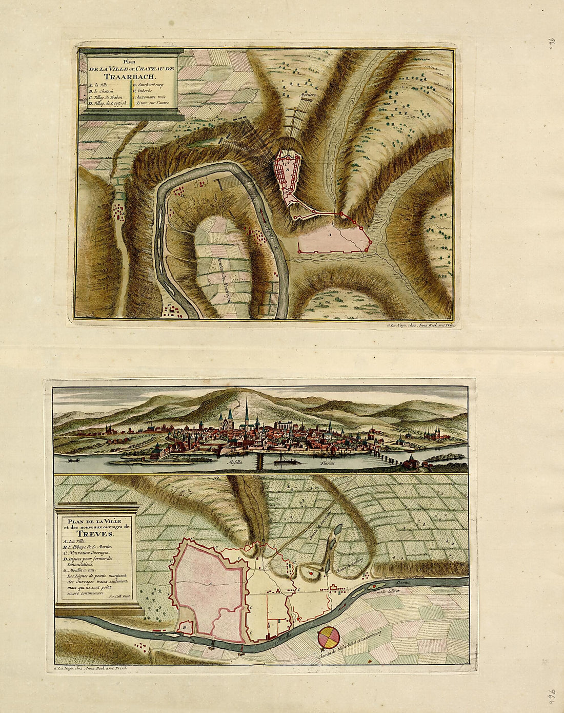 This old map of Plan De La Ville Et Chateau De Traarbach; Plan De La Ville...de Treves from a Collection of Plans of Fortifications and Battles, 1684-from 1709 from 1709 was created by Anna Beeck in 1709