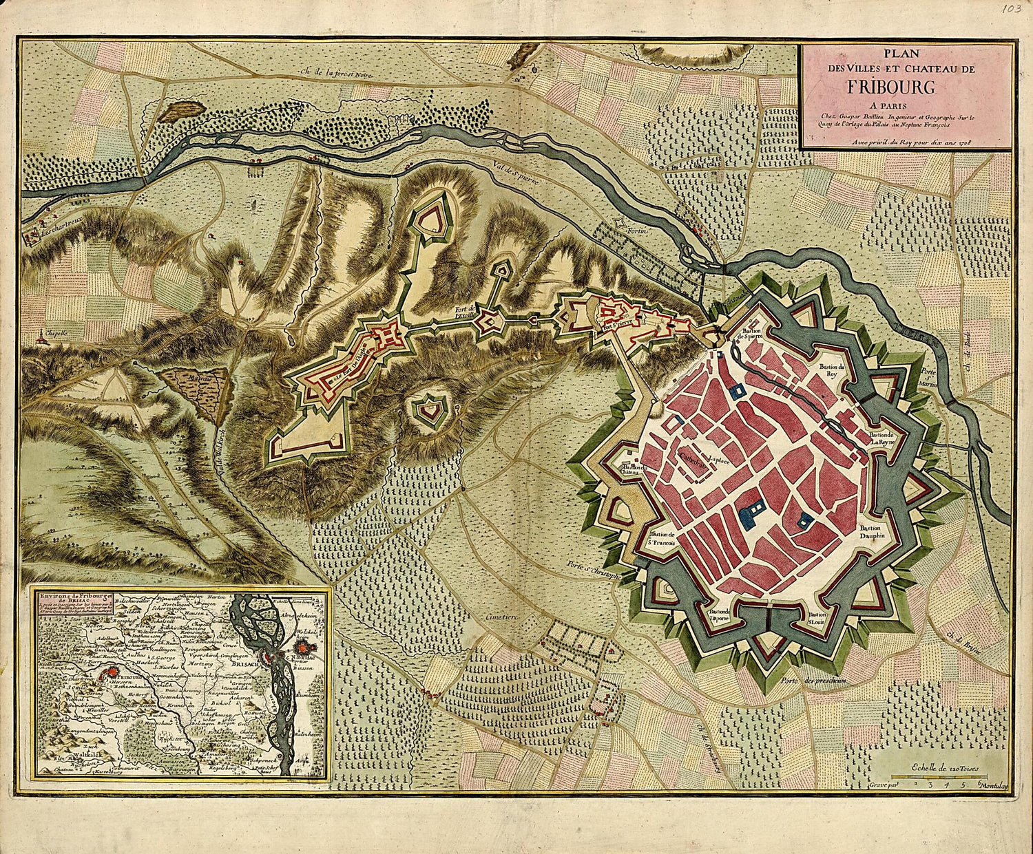 This old map of Plan Des Villes Et Chateau De Fribourg from a Collection of Plans of Fortifications and Battles, 1684-from 1709 from 1709 was created by Anna Beeck in 1709