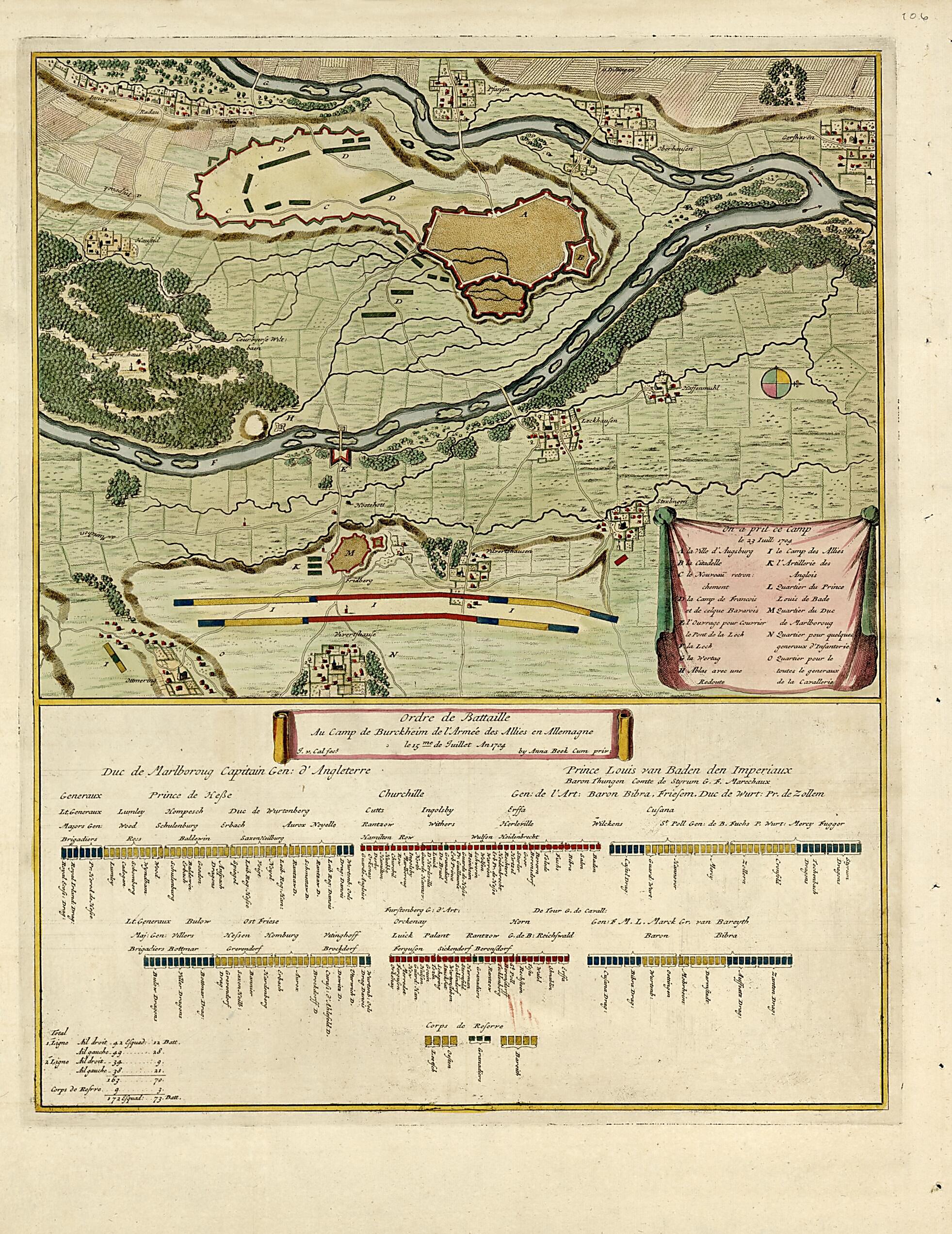 This old map of Ordre De Battaille Au Camp De Burkheim De...Allemagne from a Collection of Plans of Fortifications and Battles, 1684-from 1709 from 1709 was created by Anna Beeck in 1709