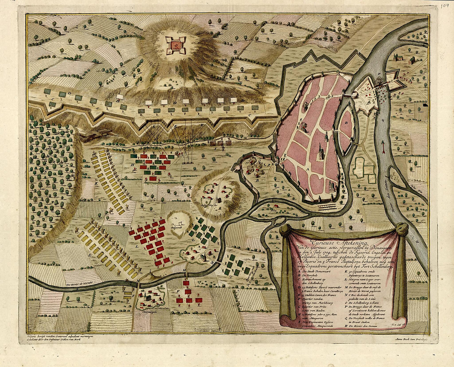 This old map of Curieuse Astekening Van De Glorieuse Actie Voorgevallen by Donawaart from a Collection of Plans of Fortifications and Battles, 1684-from 1709 from 1709 was created by Anna Beeck in 1709