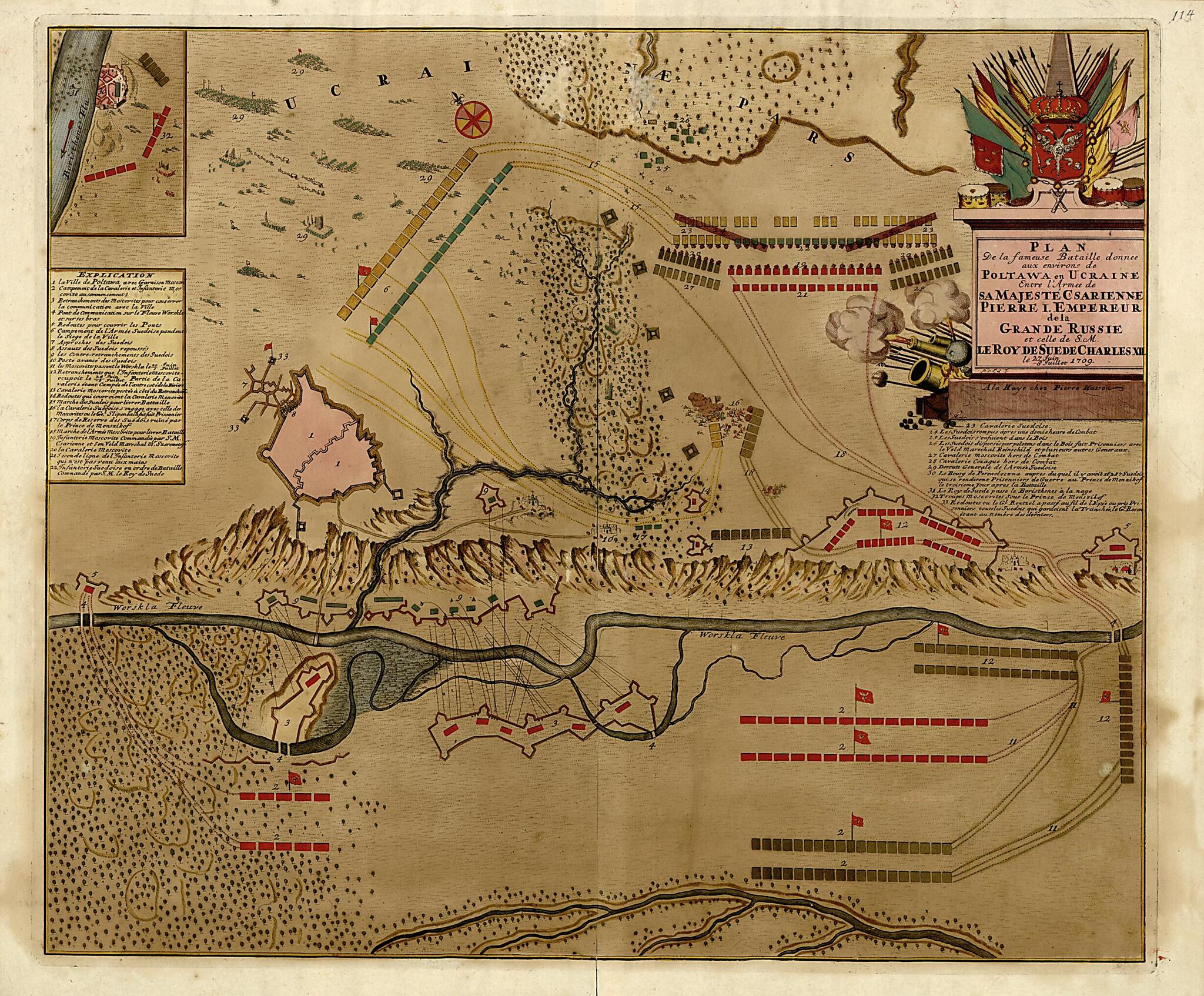 This old map of Plan De La Fameuse Bataille Donnee Aux Environs De Poltawa En Urcaine from a Collection of Plans of Fortifications and Battles, 1684-from 1709 from 1709 was created by Anna Beeck in 1709