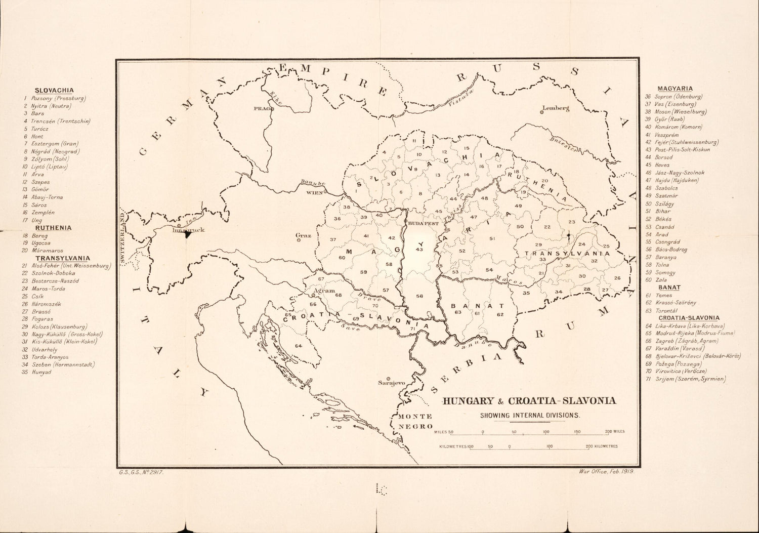 This old map of Hungary &amp; Croatia-Slavonia from Maps of Austria-Hungary. from 1919 was created by  Great Britain. War Office. General Staff in 1919