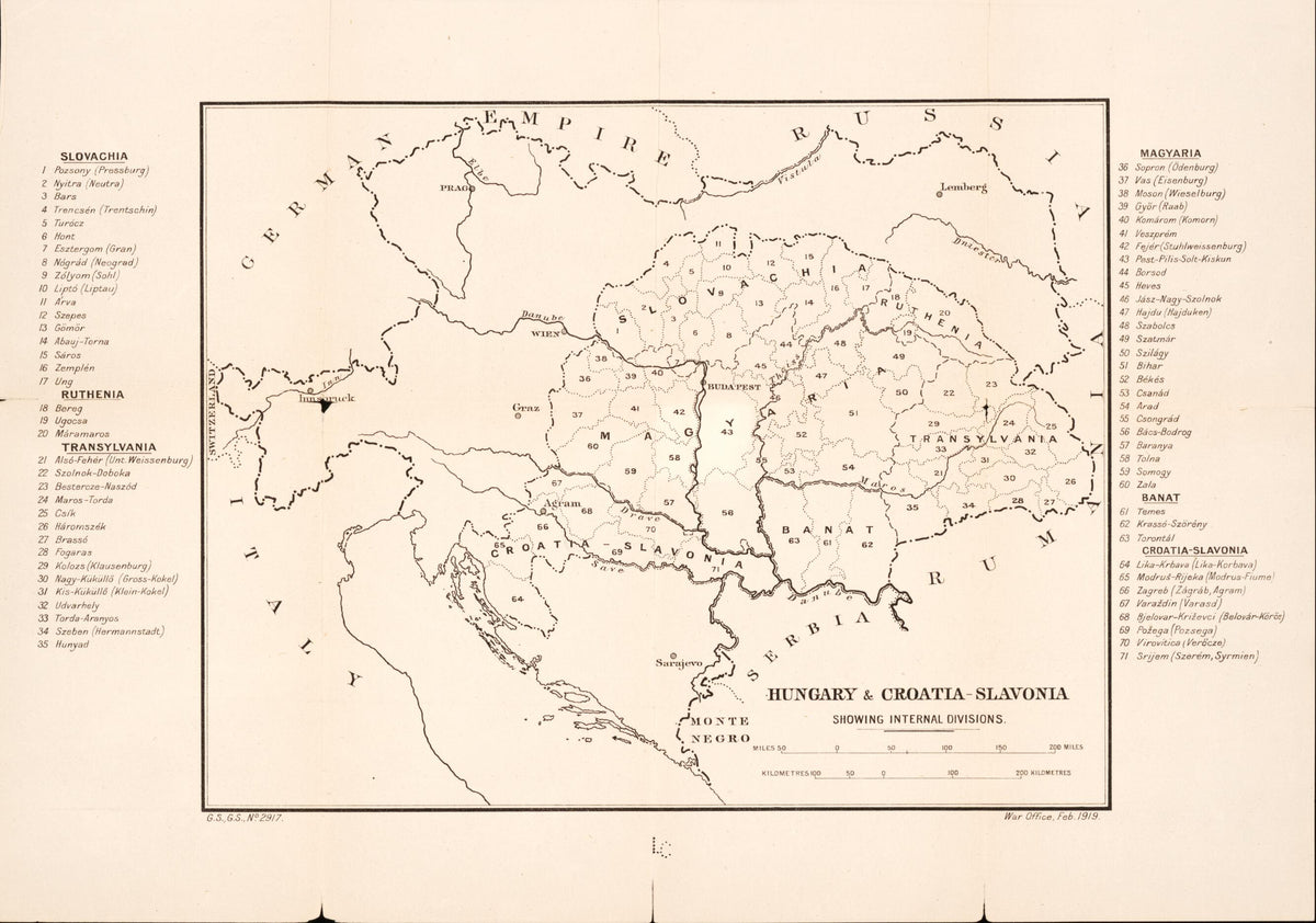 Hungary &amp; Croatia-Slavonia from Maps of Austria-Hungary 1919 by Relic Map Company