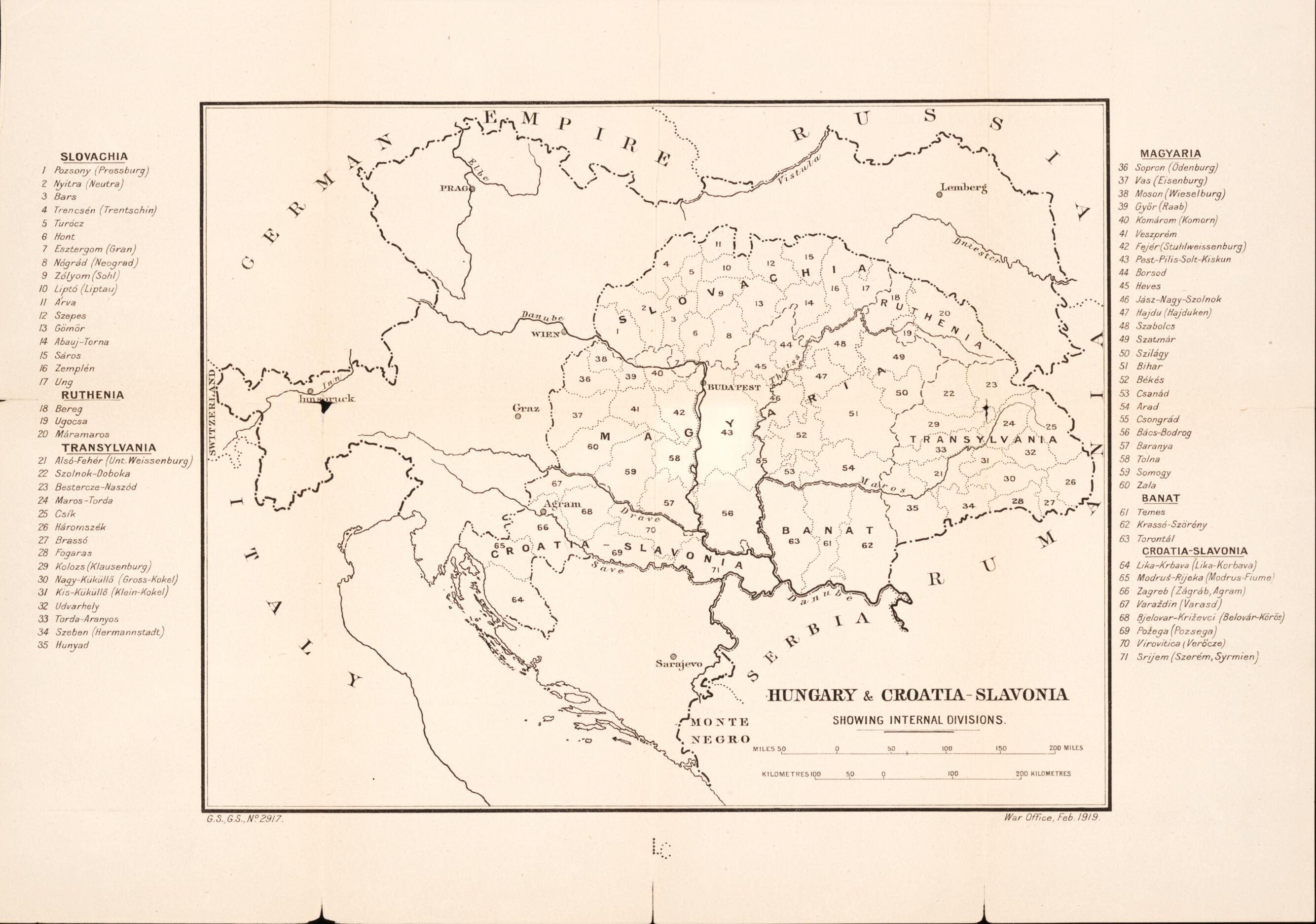 This old map of Hungary &amp; Croatia-Slavonia from Maps of Austria-Hungary. from 1919 was created by  Great Britain. War Office. General Staff in 1919