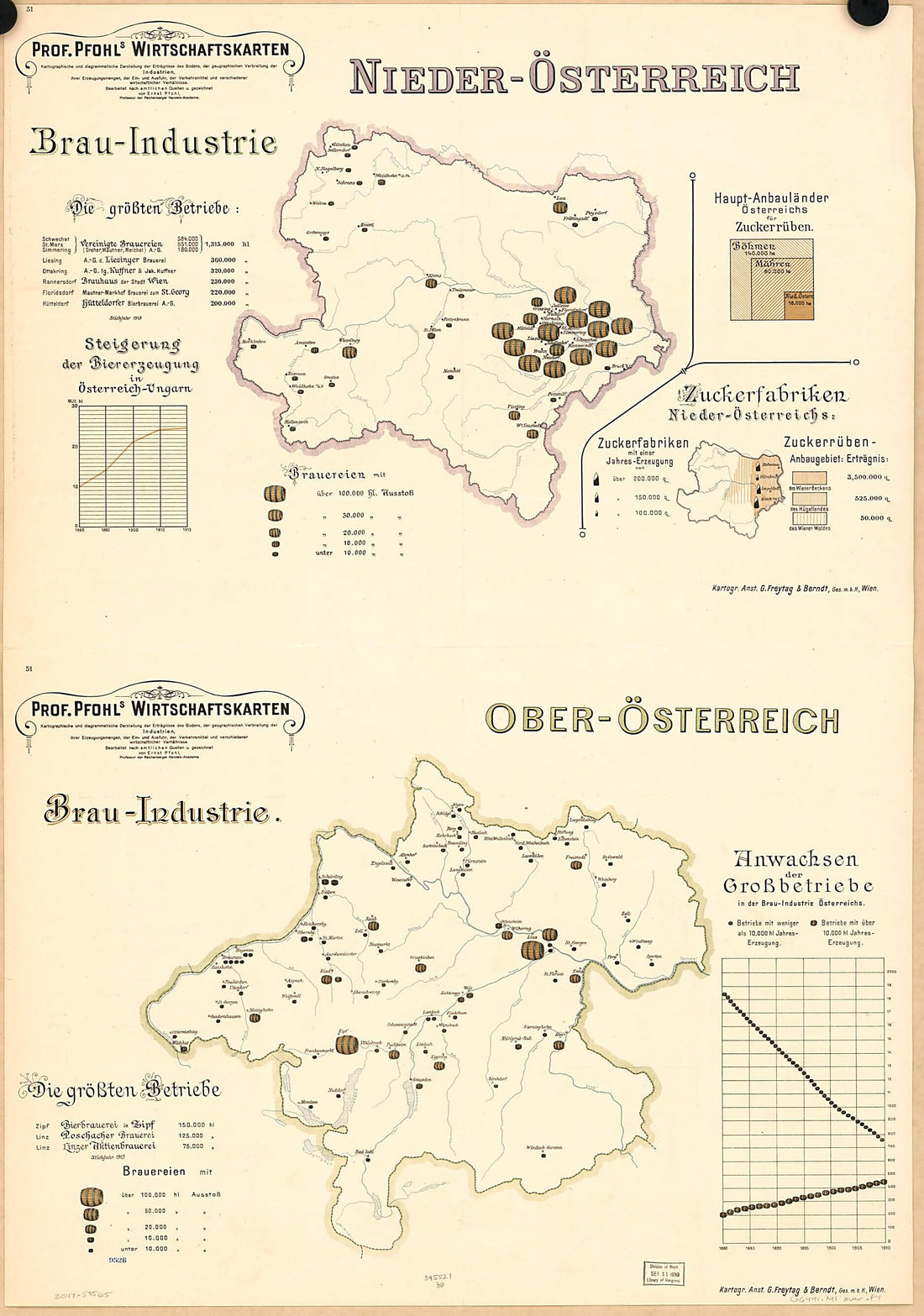 This old map of Nieder-Osterrreich Brau-Industrie; Ober Osterrreich Brau-Industrie from Prof. Pfohls Wirtschaftskarten from 1913 was created by Ernst Pfohl in 1913