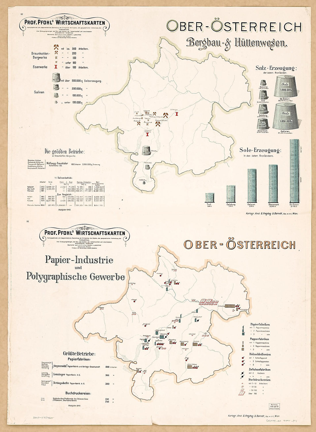 This old map of Ober Osterrreich Bergbau &amp; Huttenwesen; Ober Osterrreich Papier-Industrie Und Polygraphische Gewerbe from Prof. Pfohls Wirtschaftskarten from 1913 was created by Ernst Pfohl in 1913