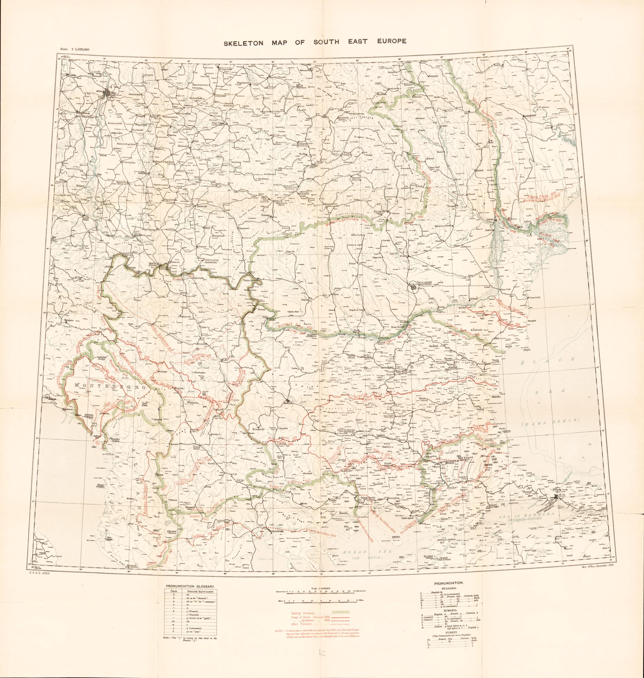 This old map of Skeleton Map of South East Europe, Scale 1: 1,5000,000 from Maps of the Balkan Peninsula. from 1919 was created by  Royal Geographical Society (Great Britain) in 1919