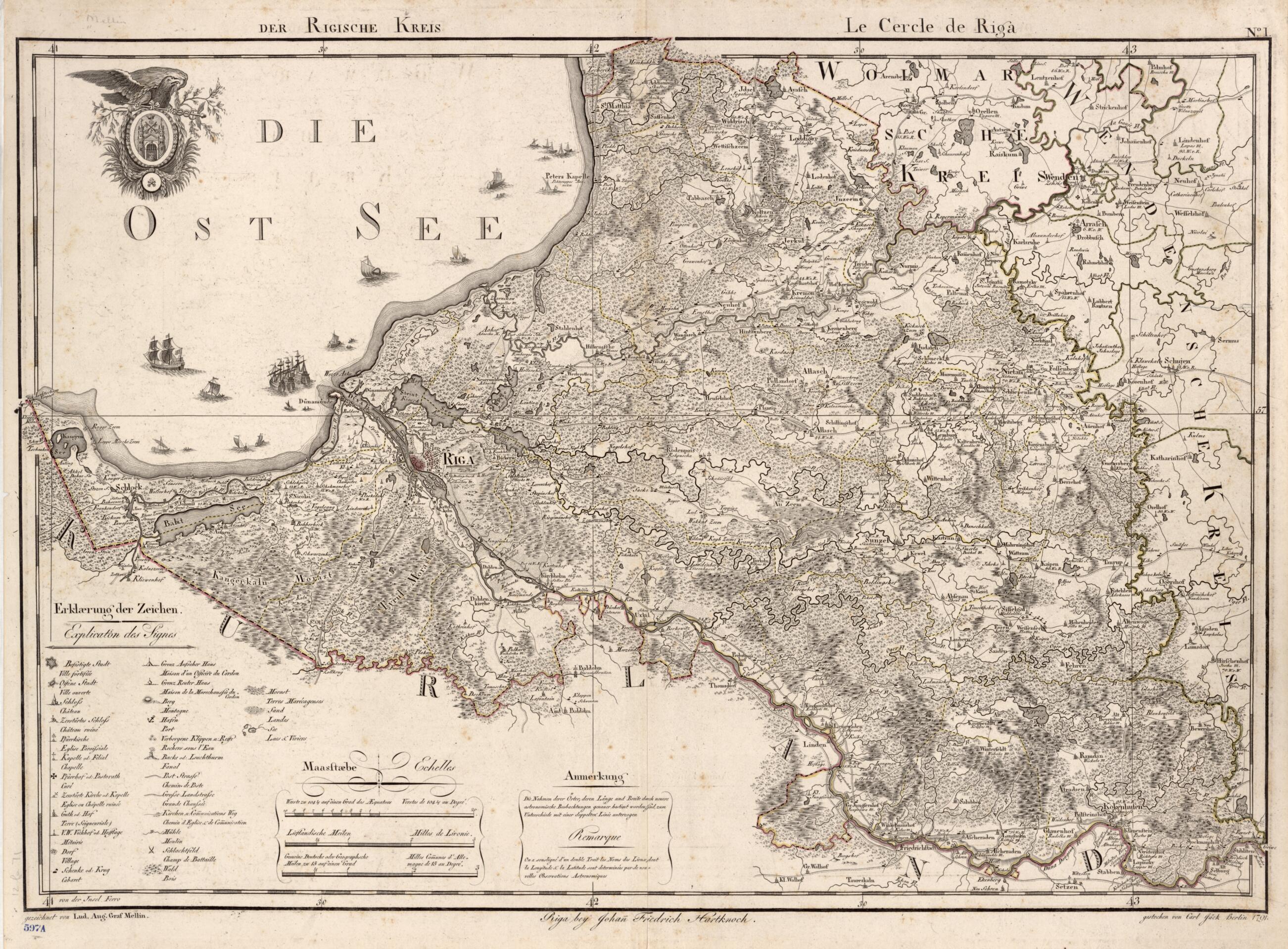 This old map of No. I: Der Rigische Kreis; Le Cercle De Riga from Atlas De La Livonie Ou Des Deux Gouvernemens Et Duchés De Livonie Et D&