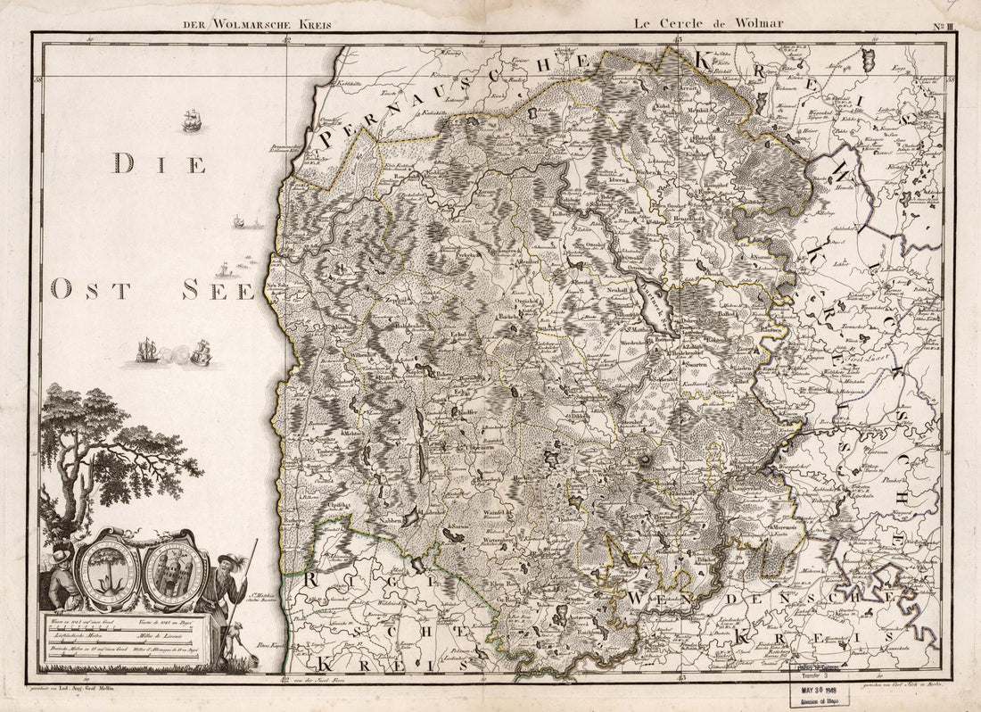 This old map of No. III: Der Wolmarsche Kreis; Le Cercle De Wolmar from Atlas De La Livonie Ou Des Deux Gouvernemens Et Duchés De Livonie Et D&