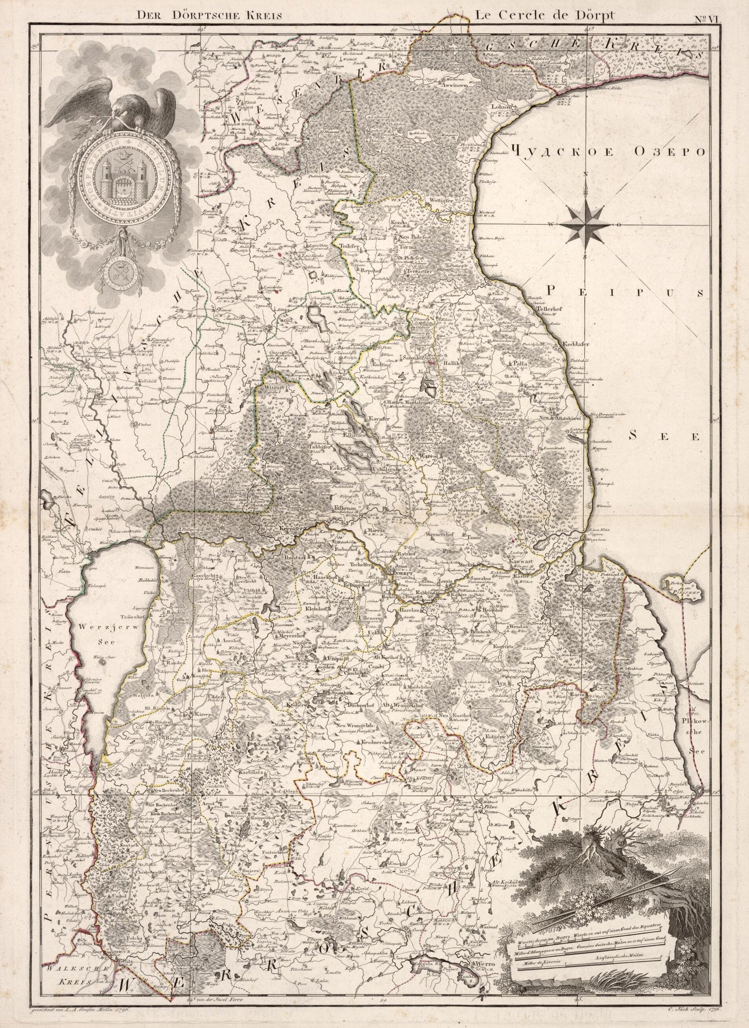 This old map of No. VI: Der Dorptsche Kreis; Le Cercle De Dorpt from Atlas De La Livonie Ou Des Deux Gouvernemens Et Duchés De Livonie Et D&