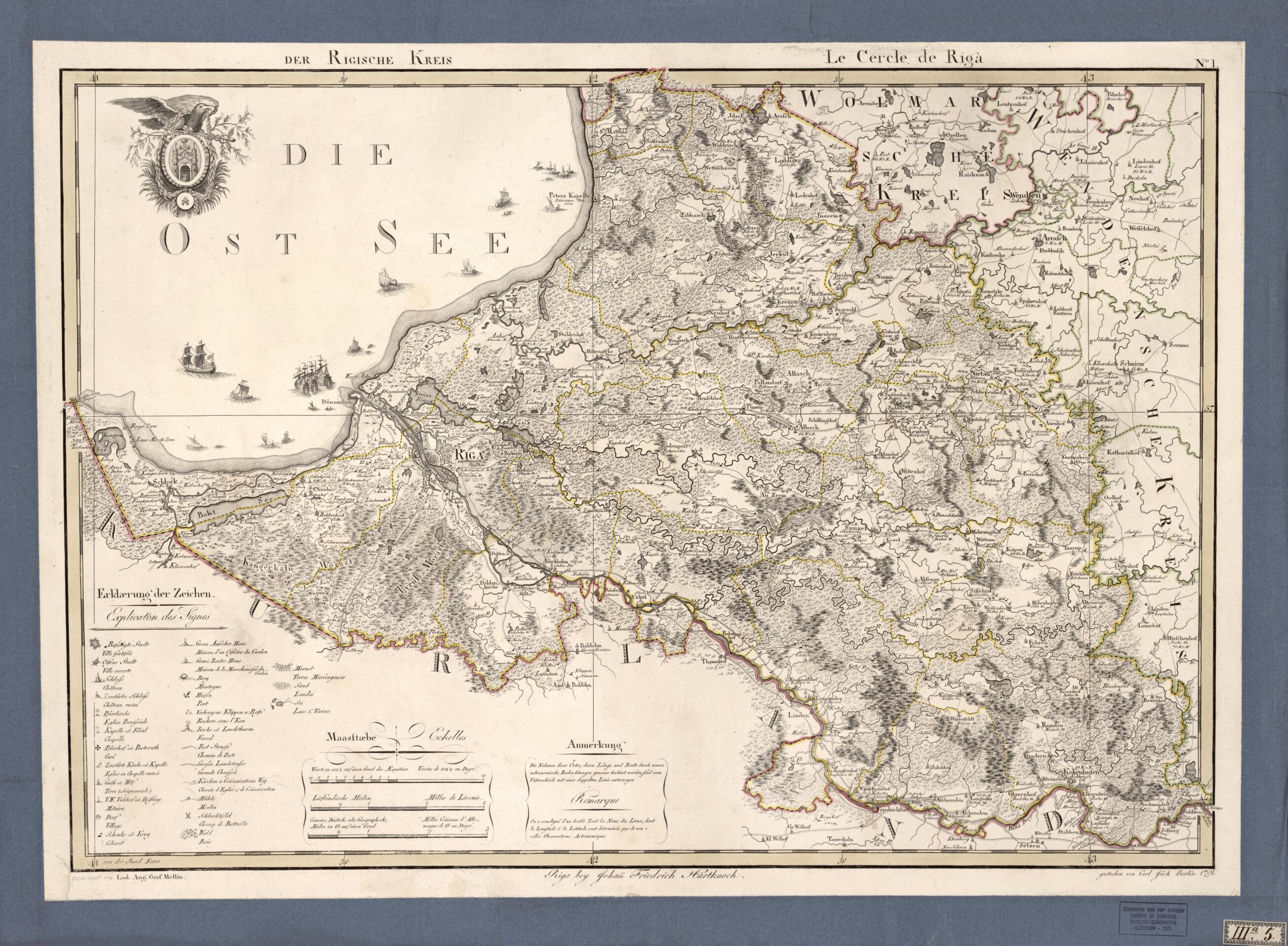 This old map of No. I: Der Rigische Kreis; Le Cercle De Riga from Atlas De La Livonie Ou Des Deux Gouvernemens Et Duchés De Livonie Et D&