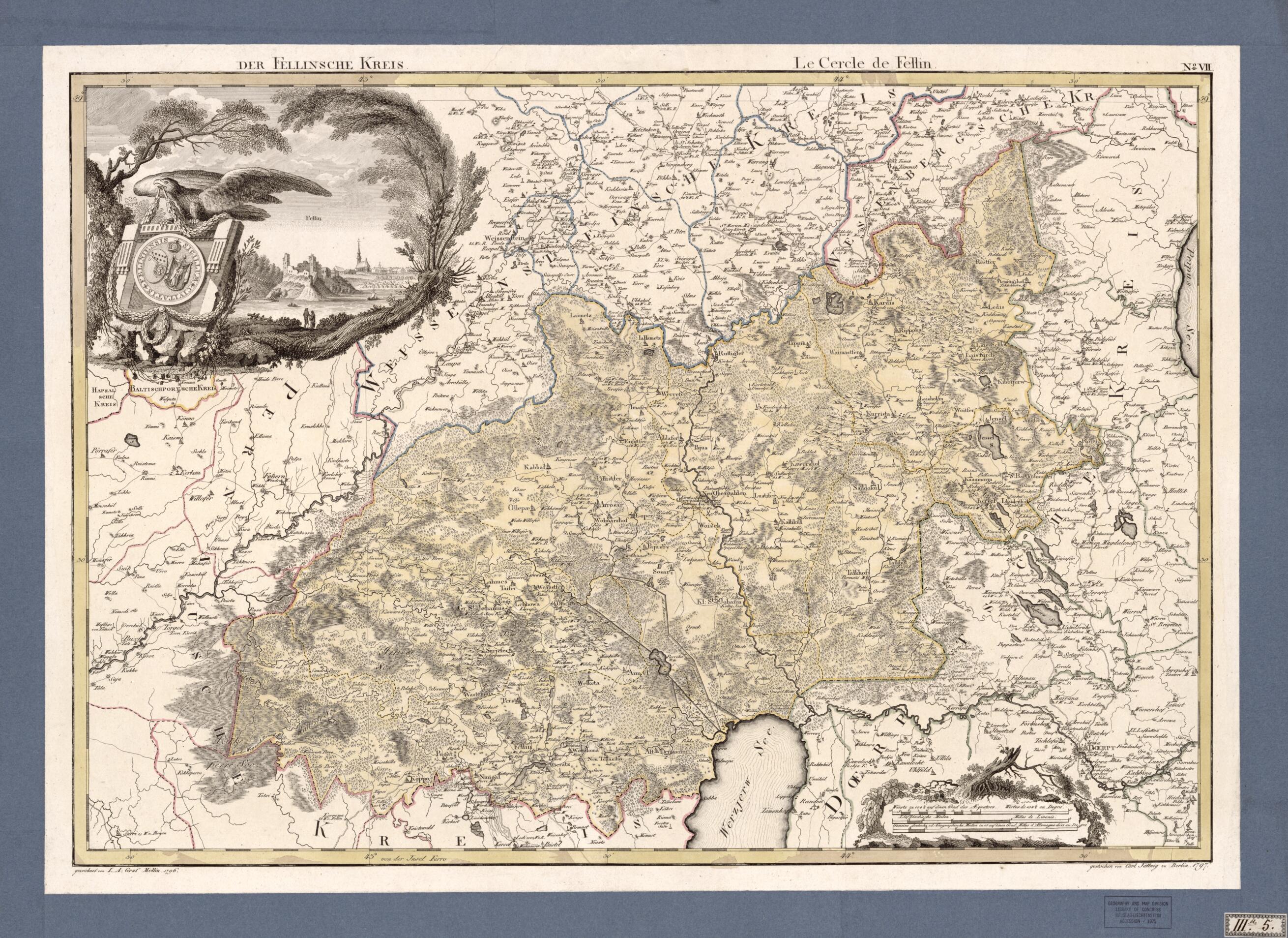 This old map of No. X: Der Fellinsche Kreis; Le Cercle De Felllin from Atlas De La Livonie Ou Des Deux Gouvernemens Et Duchés De Livonie Et D&