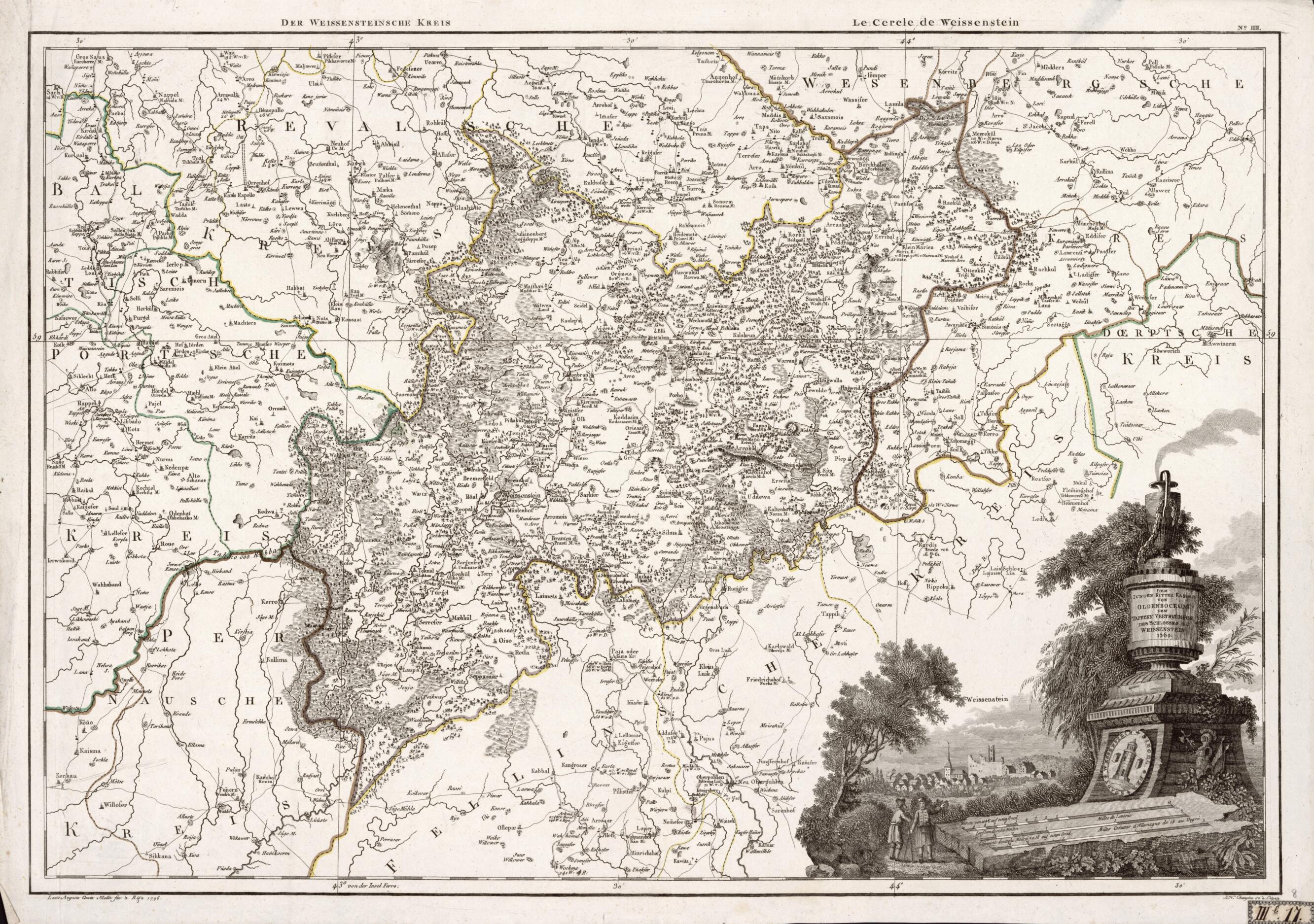 This old map of No. IIII: Der Weissensteinsche Kreis; Le Cercle De Weissenstein from Atlas De La Livonie Ou Des Deux Gouvernemens Et Duchés De Livonie Et D&