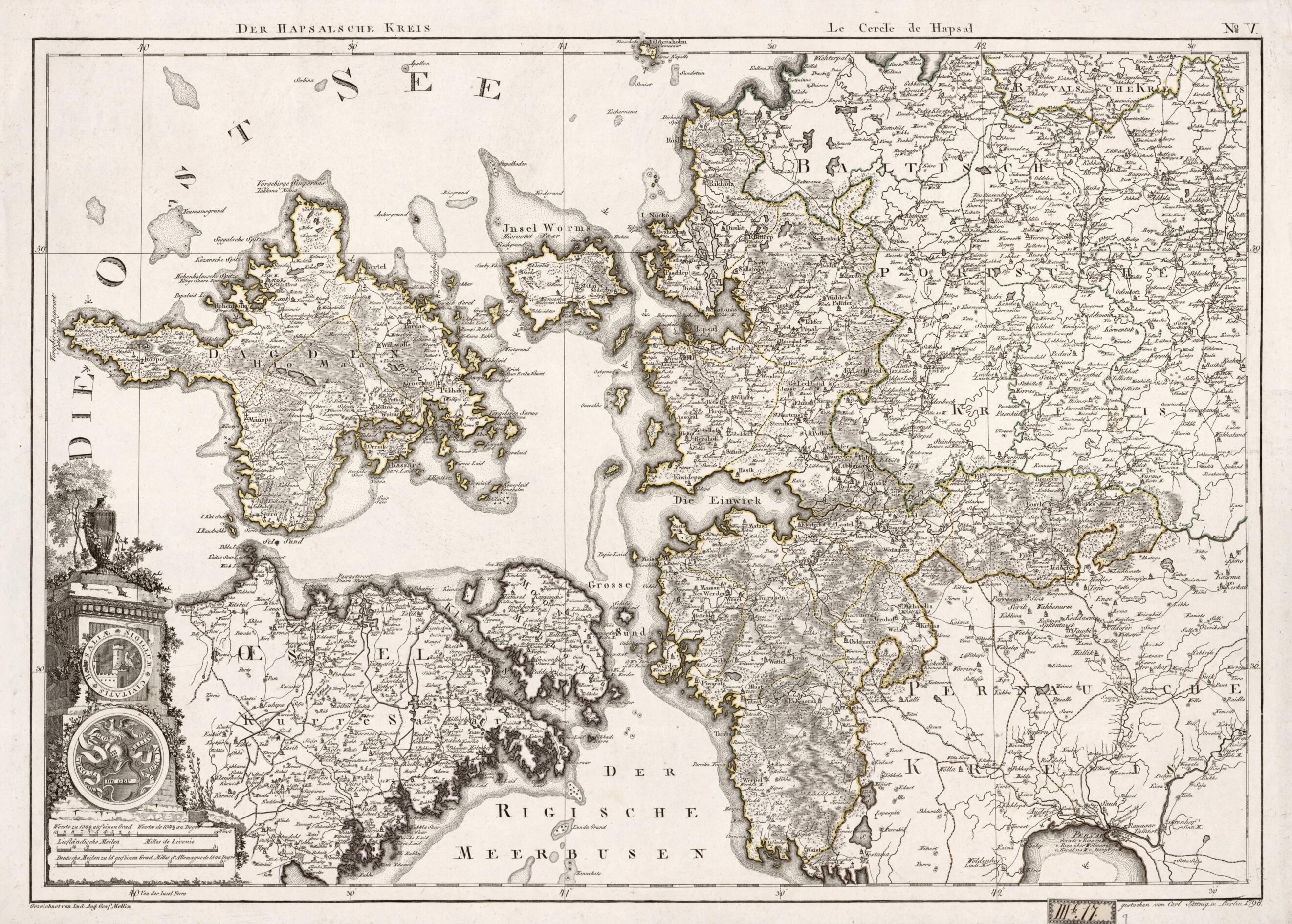 This old map of No. V: Der Hapsalsche Kreis; Le Cercle De Hapsal from Atlas De La Livonie Ou Des Deux Gouvernemens Et Duchés De Livonie Et D&