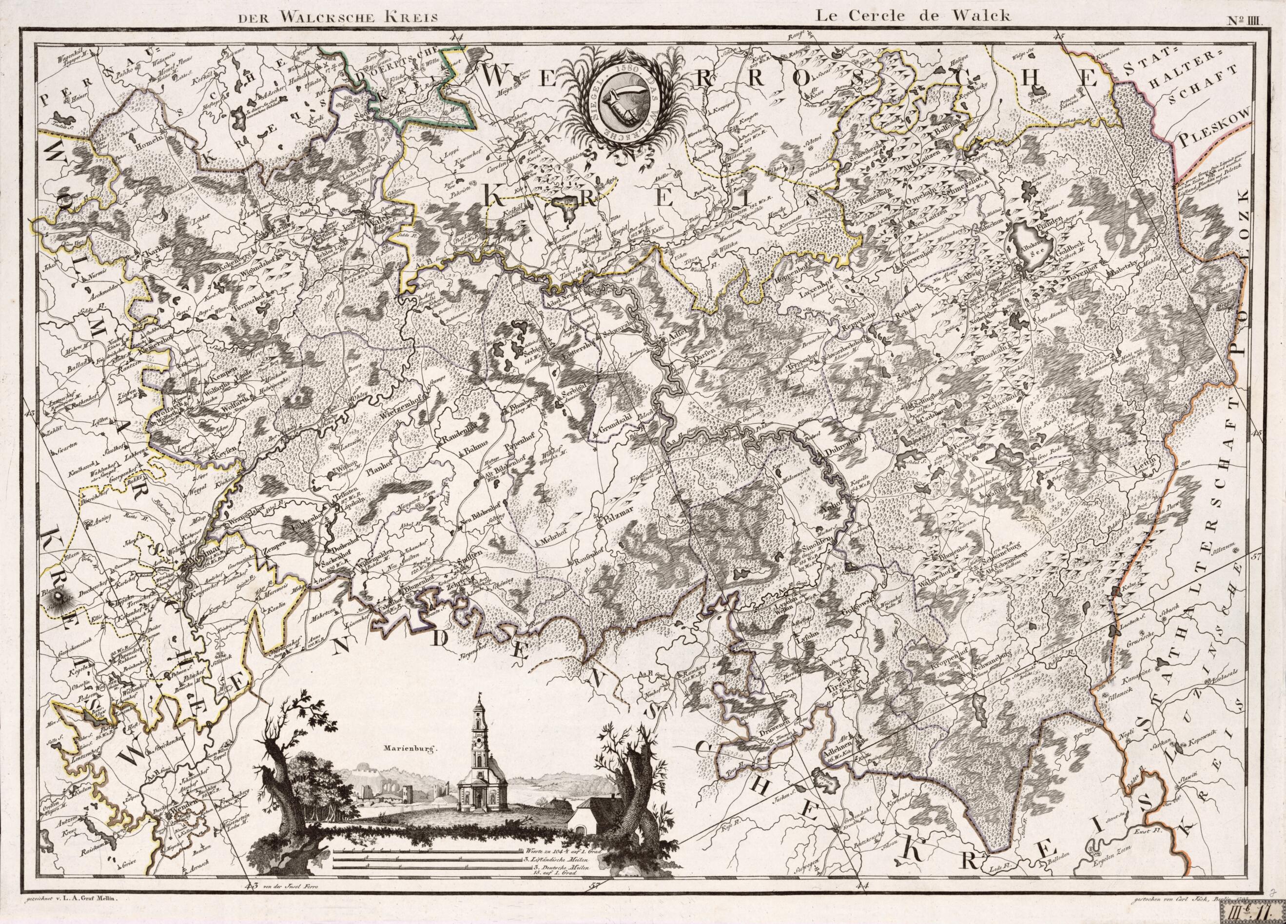 This old map of No. IIII: Der Walcksche Kreis; Le Cercle De Walck from Atlas De La Livonie Ou Des Deux Gouvernemens Et Duchés De Livonie Et D&