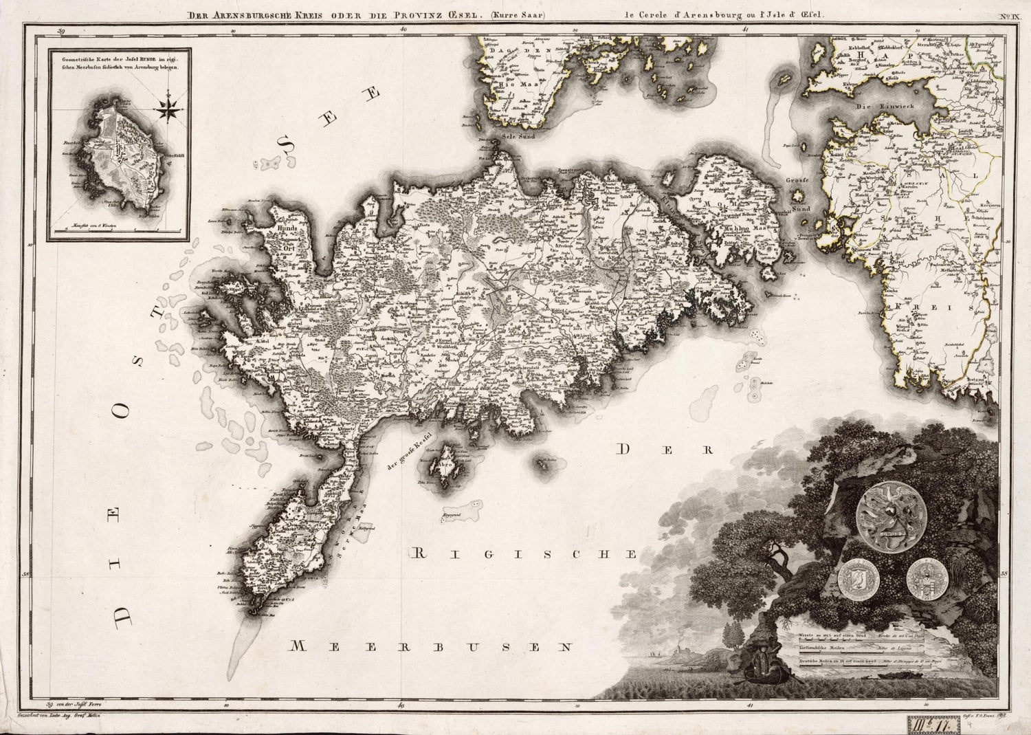 This old map of No. IX: Der Arensbugsche Kreis Oder Die Provinz Oesel; Le Cercle D&