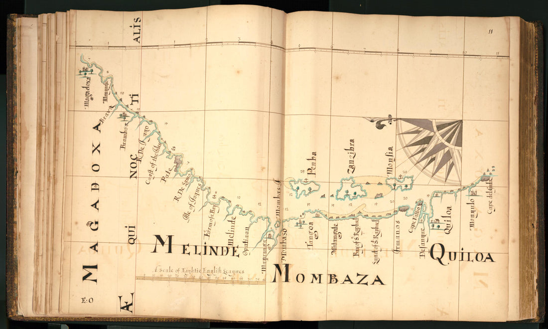 This old map of 11) Magadoxa, Melinde, Mombaza, Quiloa from Buccaneer Atlas from 1690 was created by William Hacke in 1690