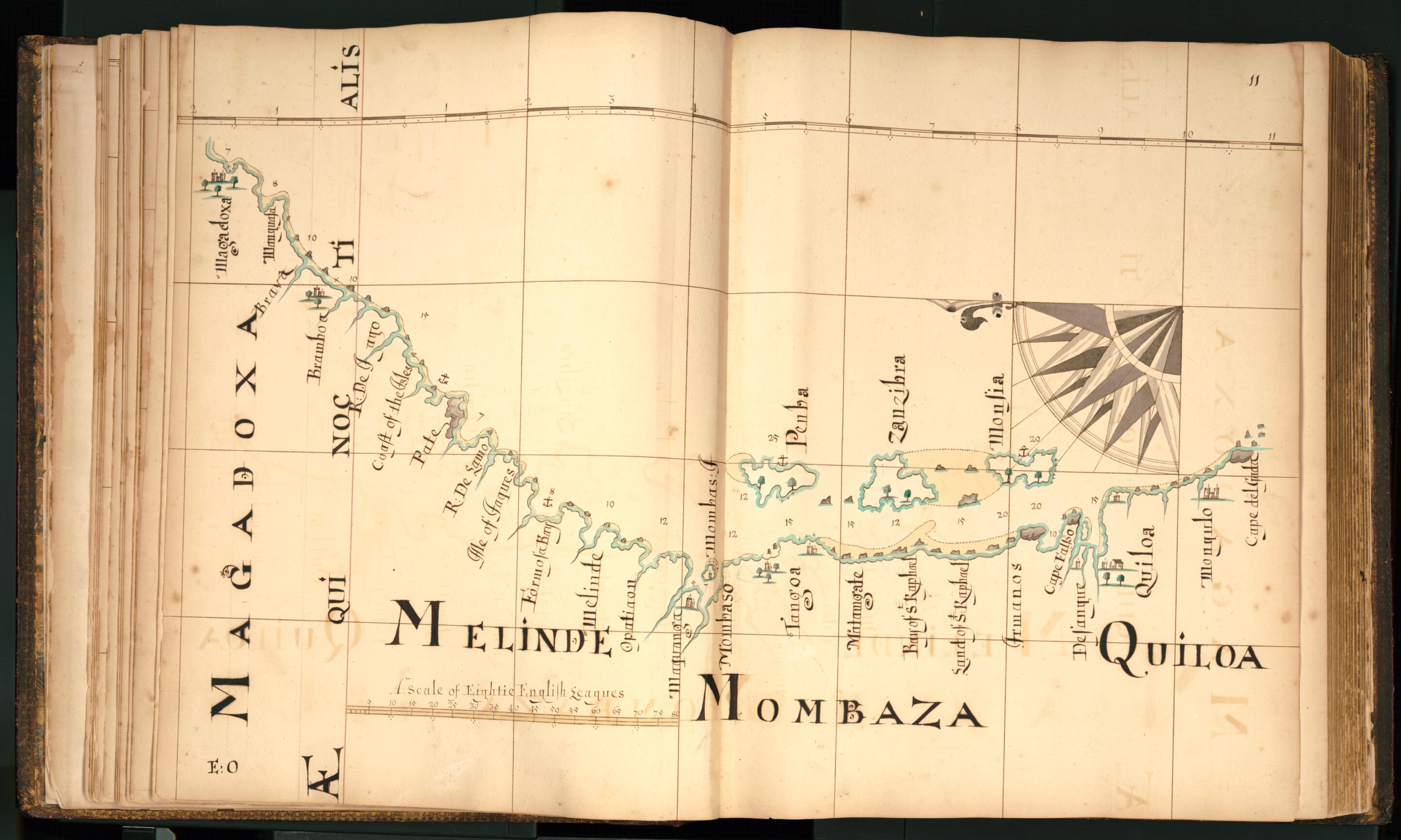 This old map of 11) Magadoxa, Melinde, Mombaza, Quiloa from Buccaneer Atlas from 1690 was created by William Hacke in 1690