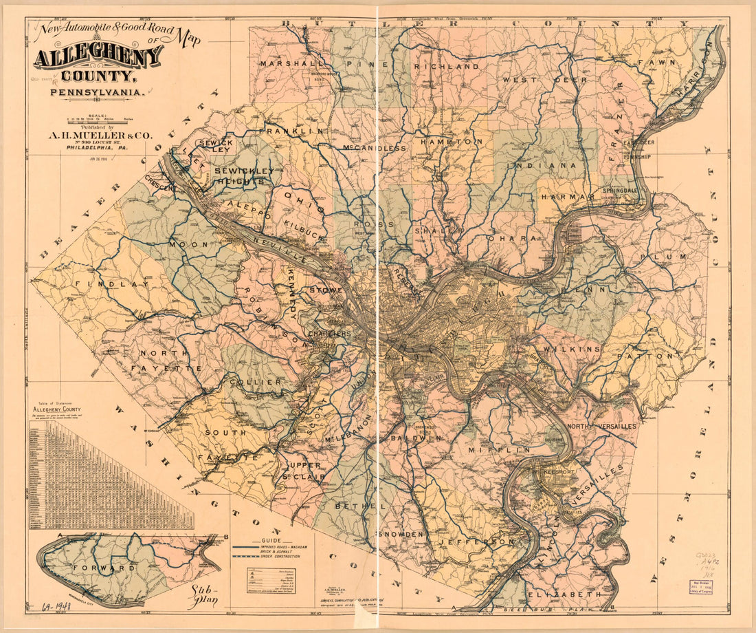 This old map of New Automobile &amp; Good Road Map of Allegheny County, Pennsylvania from 1916 was created by A. H. (August H.) Mueller in 1916