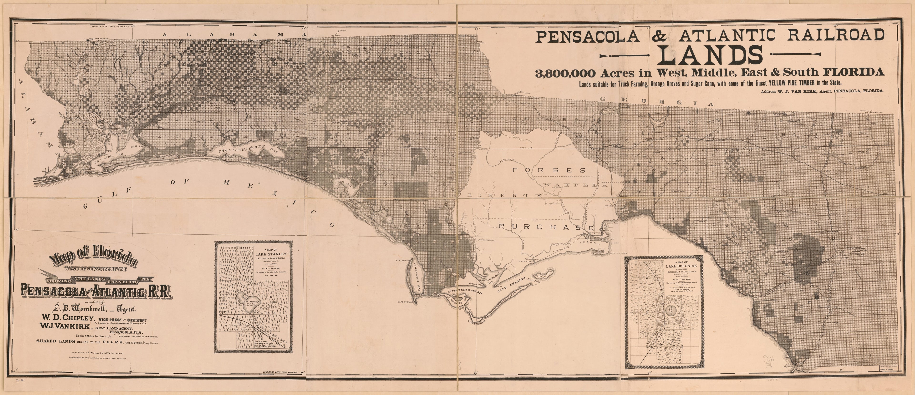 This old map of Map of Florida West of Suwanee River Showing the Lands Granted to the Pensacola and Atlantic R.R from 1890 was created by  Pensacola and Atlantic Railroad Company in 1890