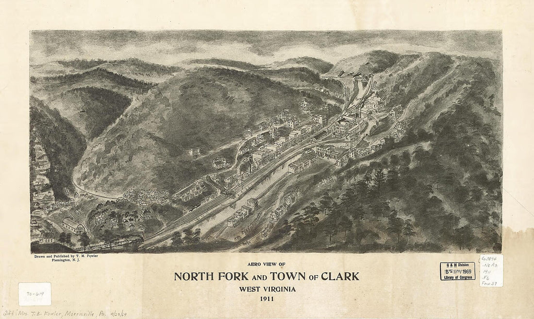 This old map of Aero View of North Fork and Town of Clark, West Virginia from 1911 was created by T. M. (Thaddeus Mortimer) Fowler in 1911