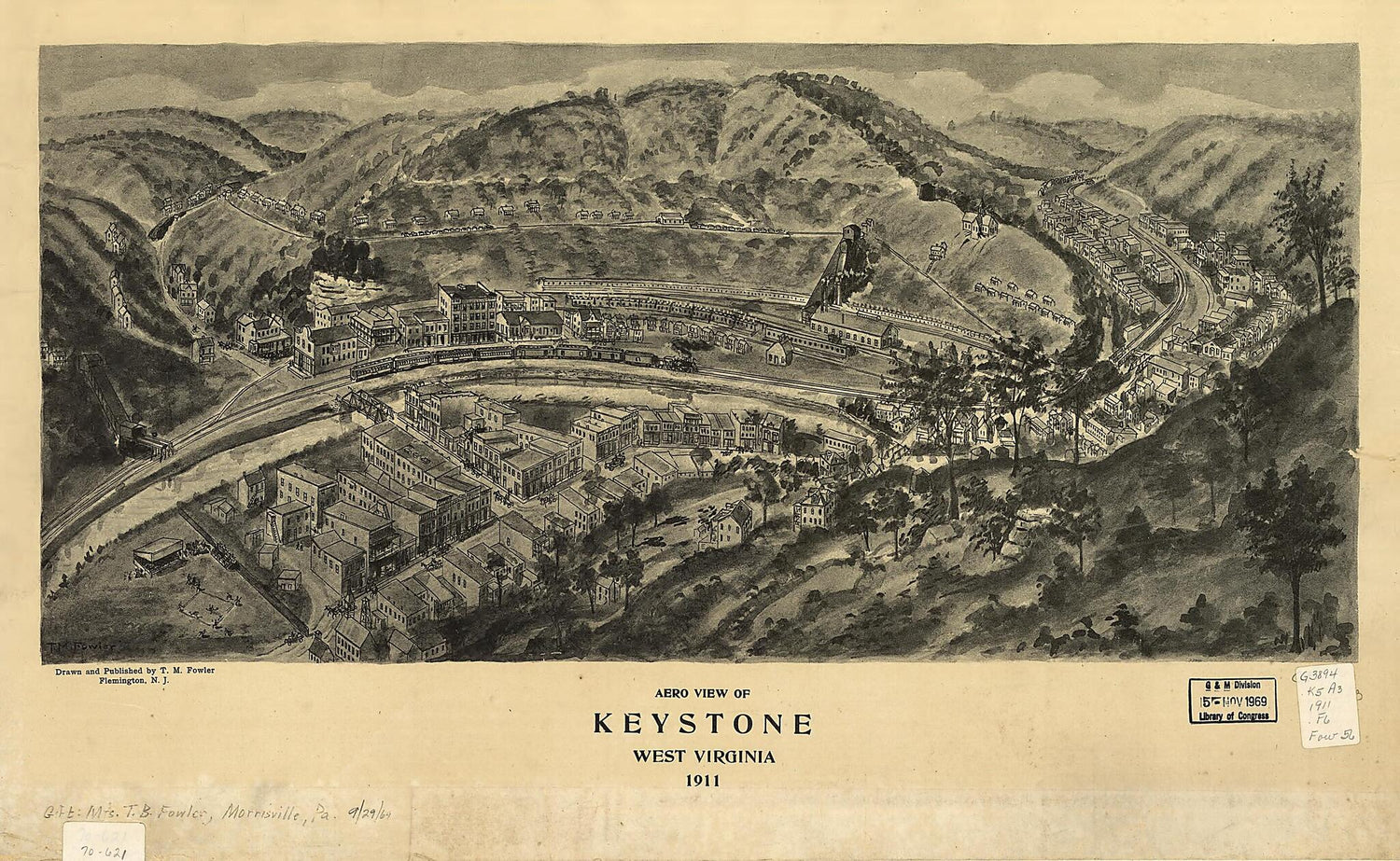 This old map of Aero View of Keystone, West Virginia from 1911 was created by T. M. (Thaddeus Mortimer) Fowler in 1911