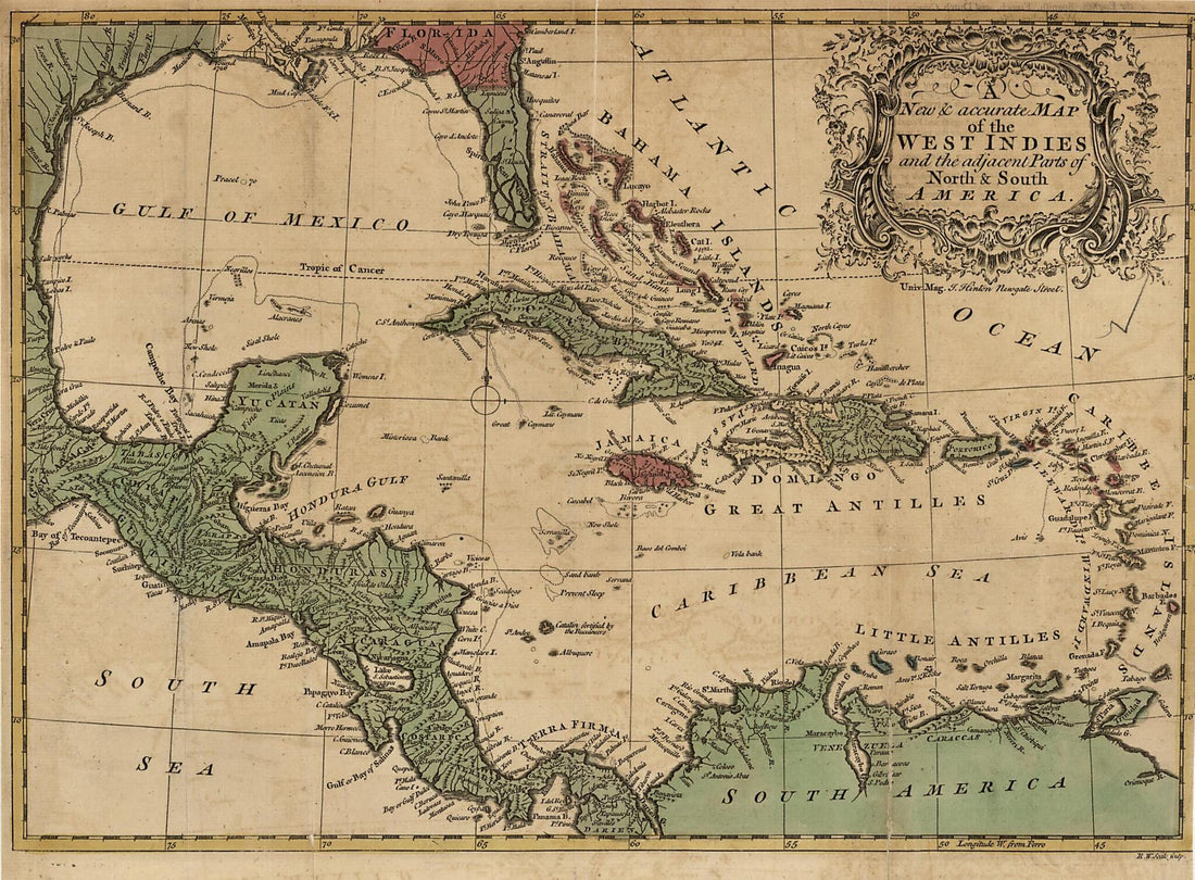This old map of A New &amp; Accurate Map of the West Indies and the Adjacent Parts of North &amp; South America from 1755 was created by John Hinton, Richard William Seale in 1755