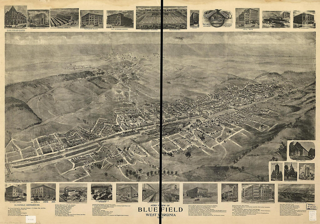 This old map of Aero View of Bluefield, West Virginia from 1911 was created by  Fowler &amp; Basham, T. M. (Thaddeus Mortimer) Fowler in 1911