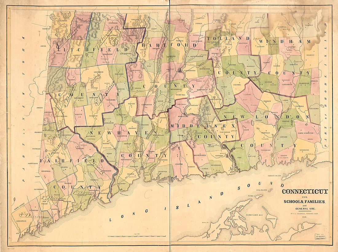 This old map of Connecticut for Schools, Families, and General Use from 1848 was created by H. E. (Henry Ensign) Rockwell in 1848